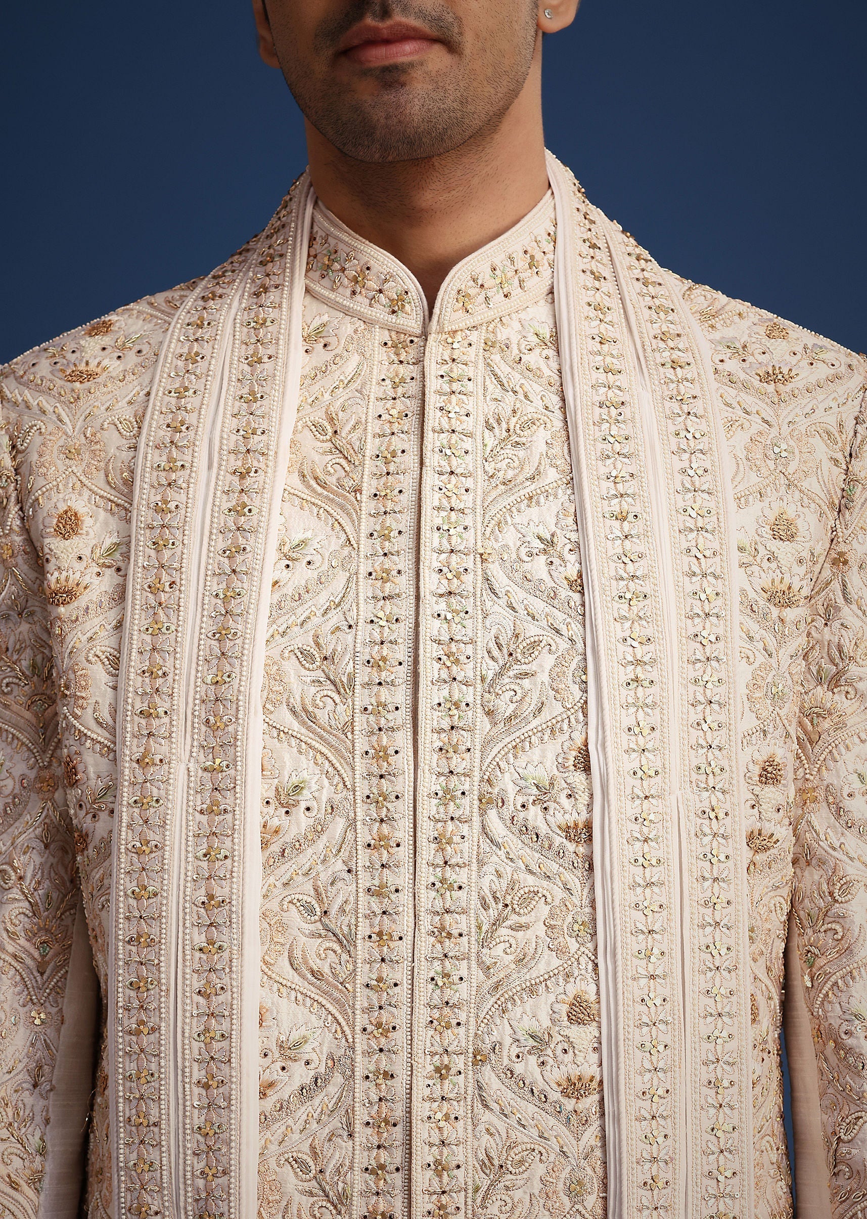 Off White Raw Silk Sherwani Set With Hand Work - Image 2