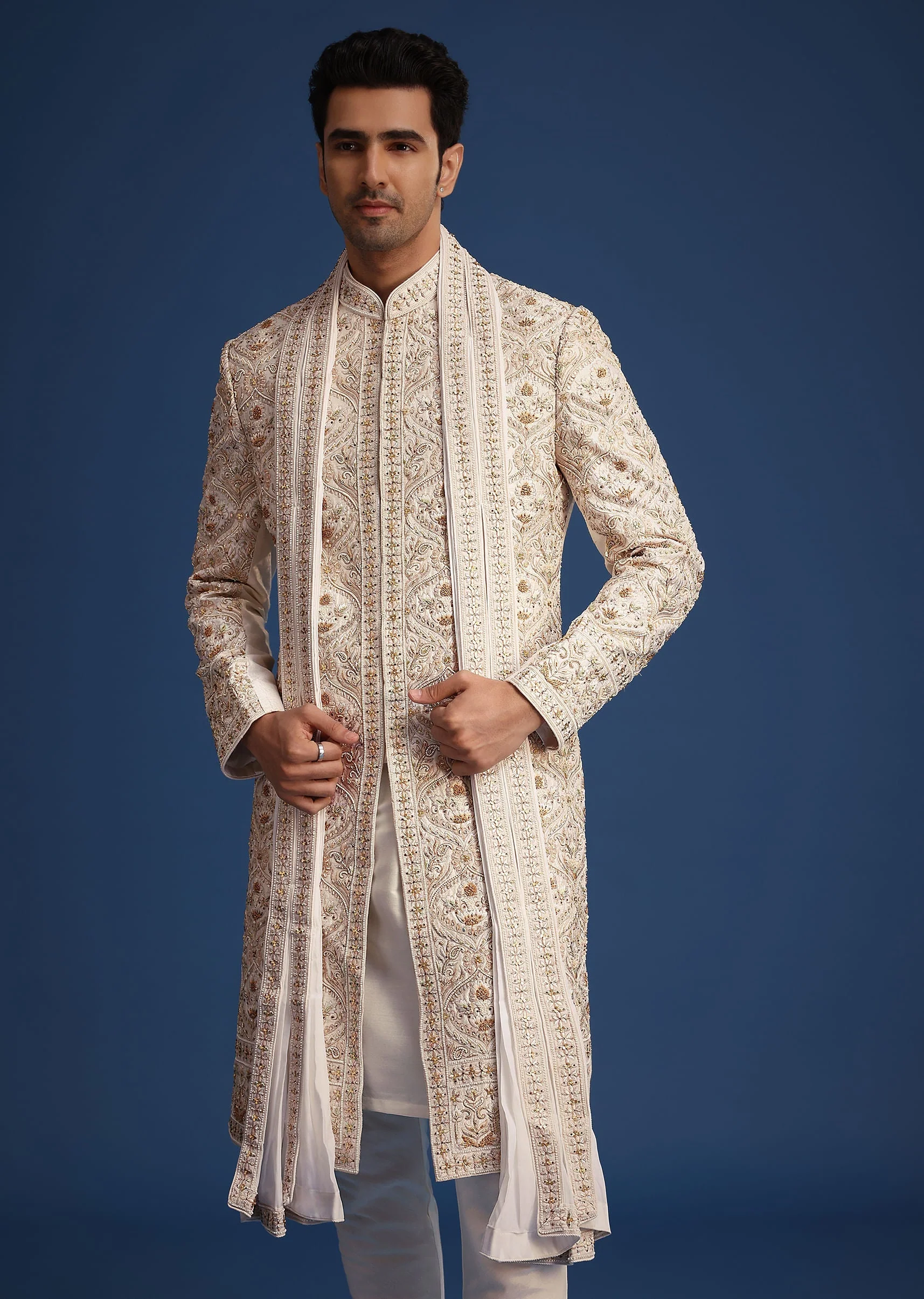 Off White Raw Silk Sherwani Set With Hand Work - Image 3