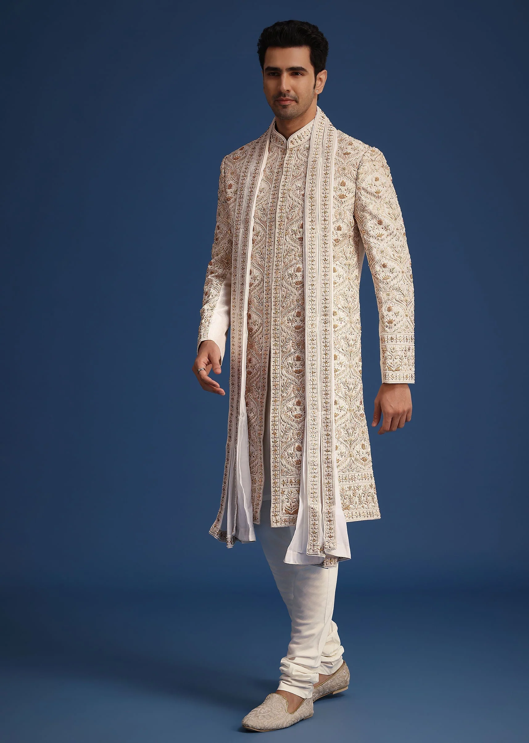Off White Raw Silk Sherwani Set With Hand Work - Image 4