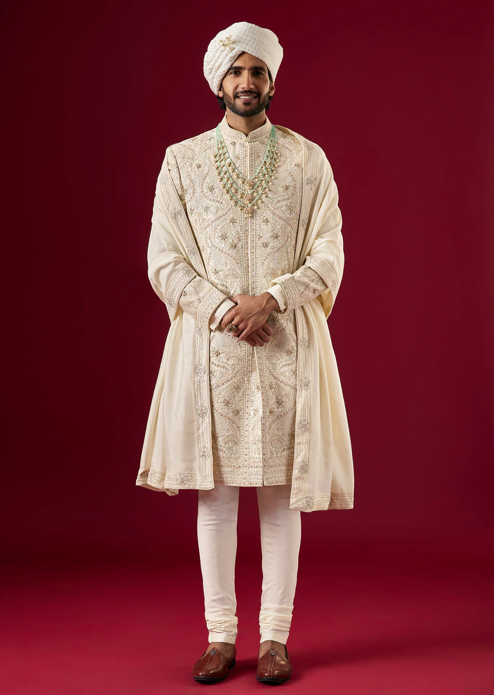 Off White Raw Silk Sherwani Set With Zardosi Work - Image 3