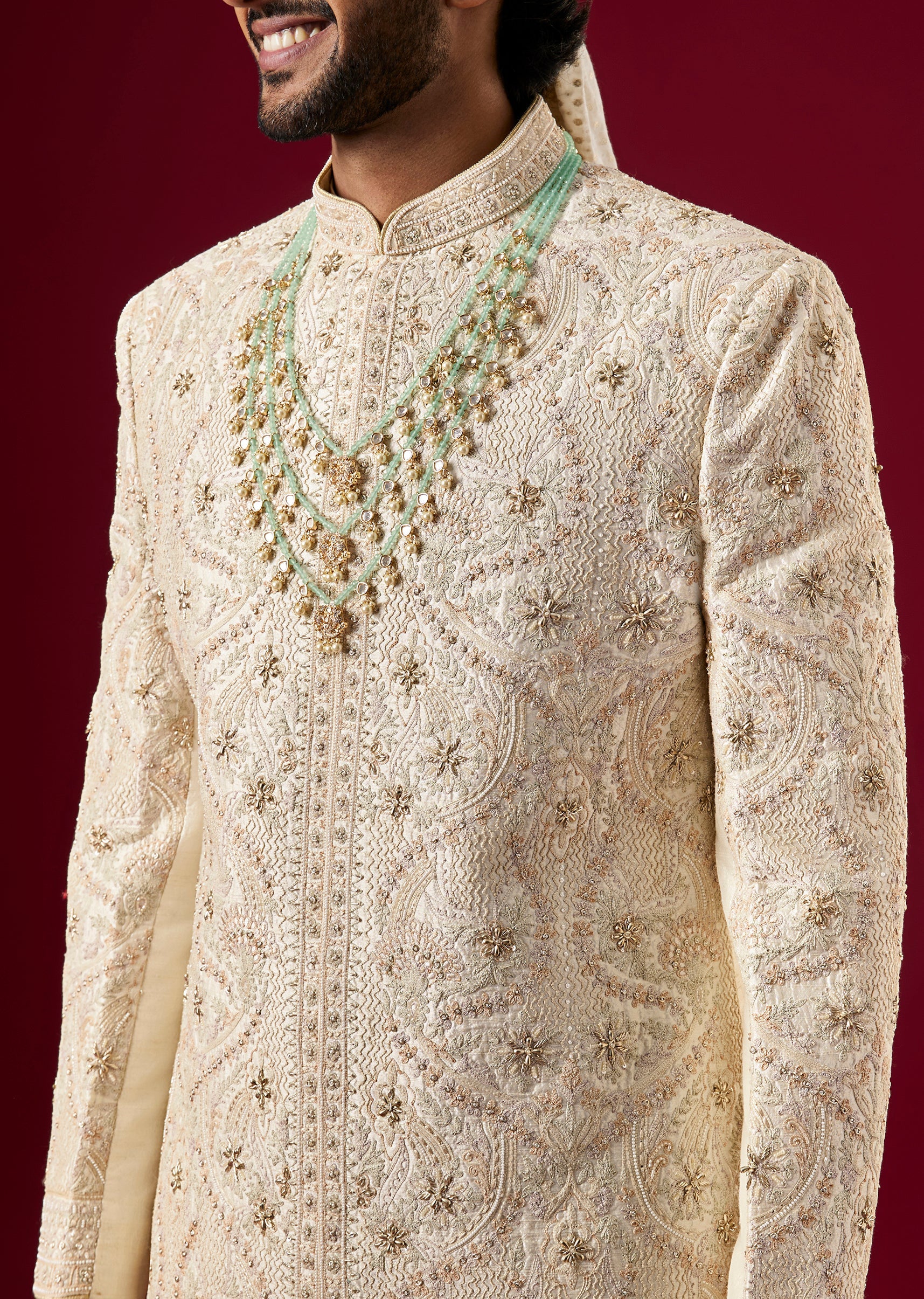 Off White Raw Silk Sherwani Set With Zardosi Work - Image 5