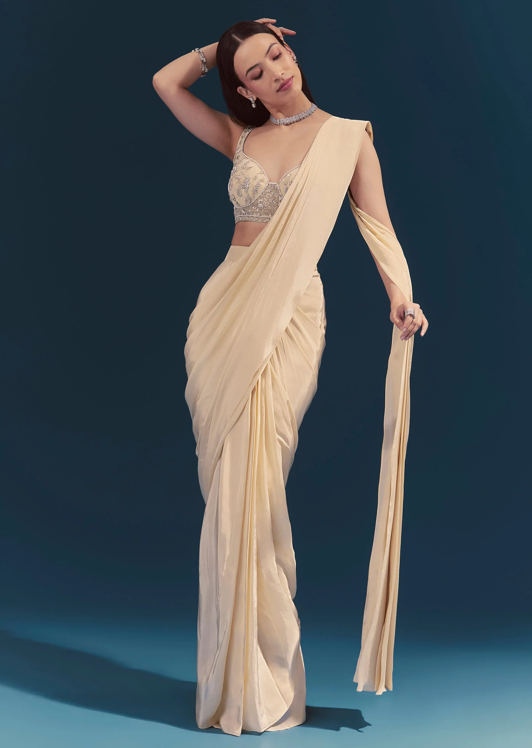 Off White Ready Pleated Saree Set