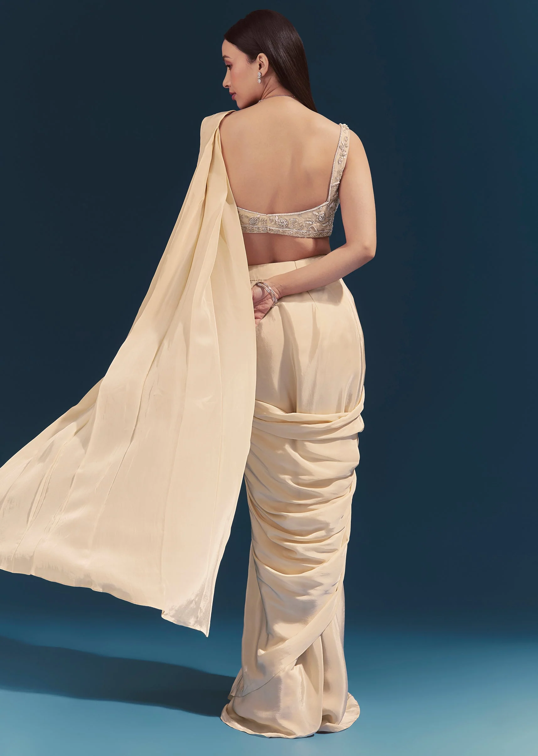 Off White Ready Pleated Saree Set - Image 2