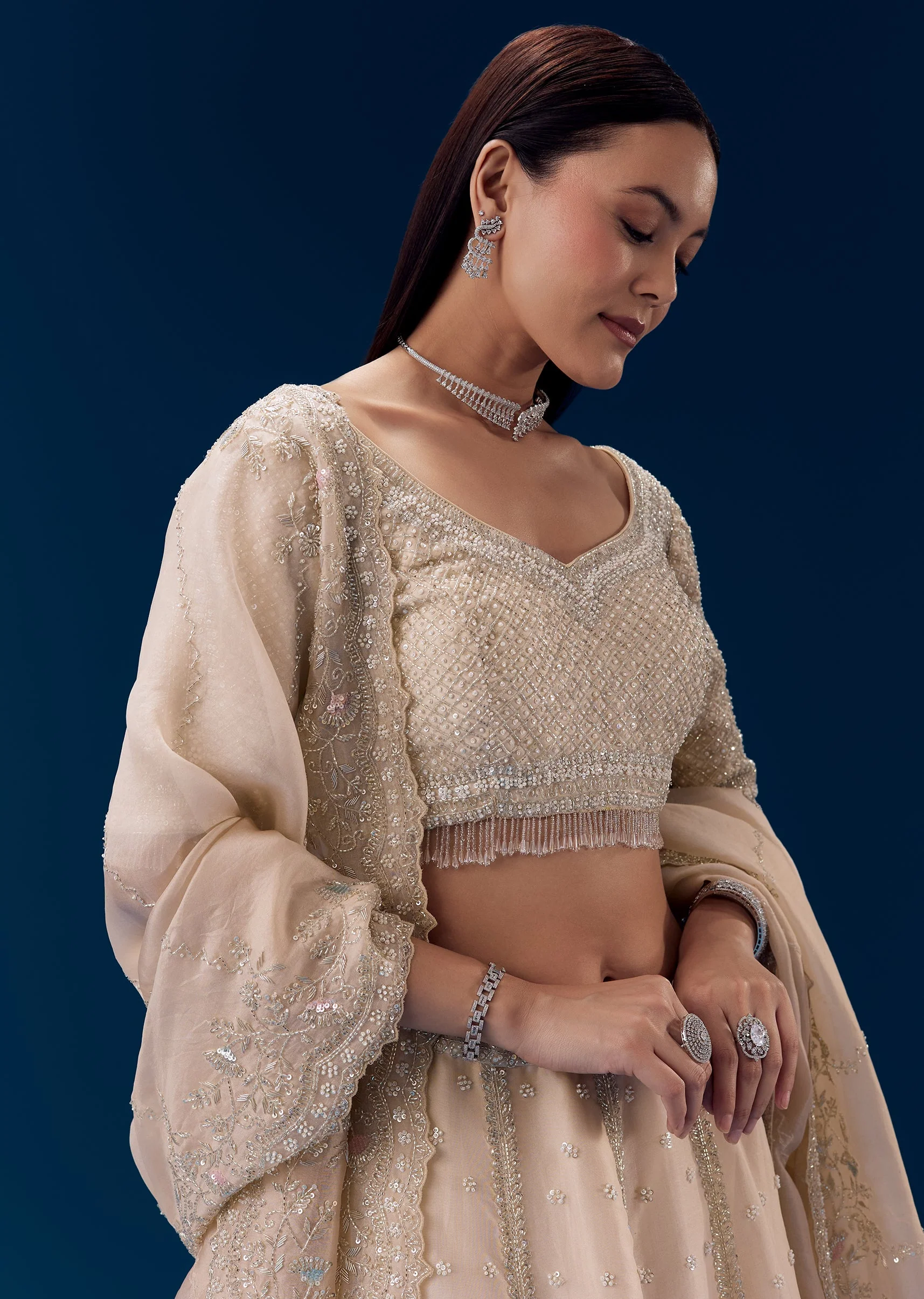 Off White Resham Work Bridal Lehenga Set - Image 3