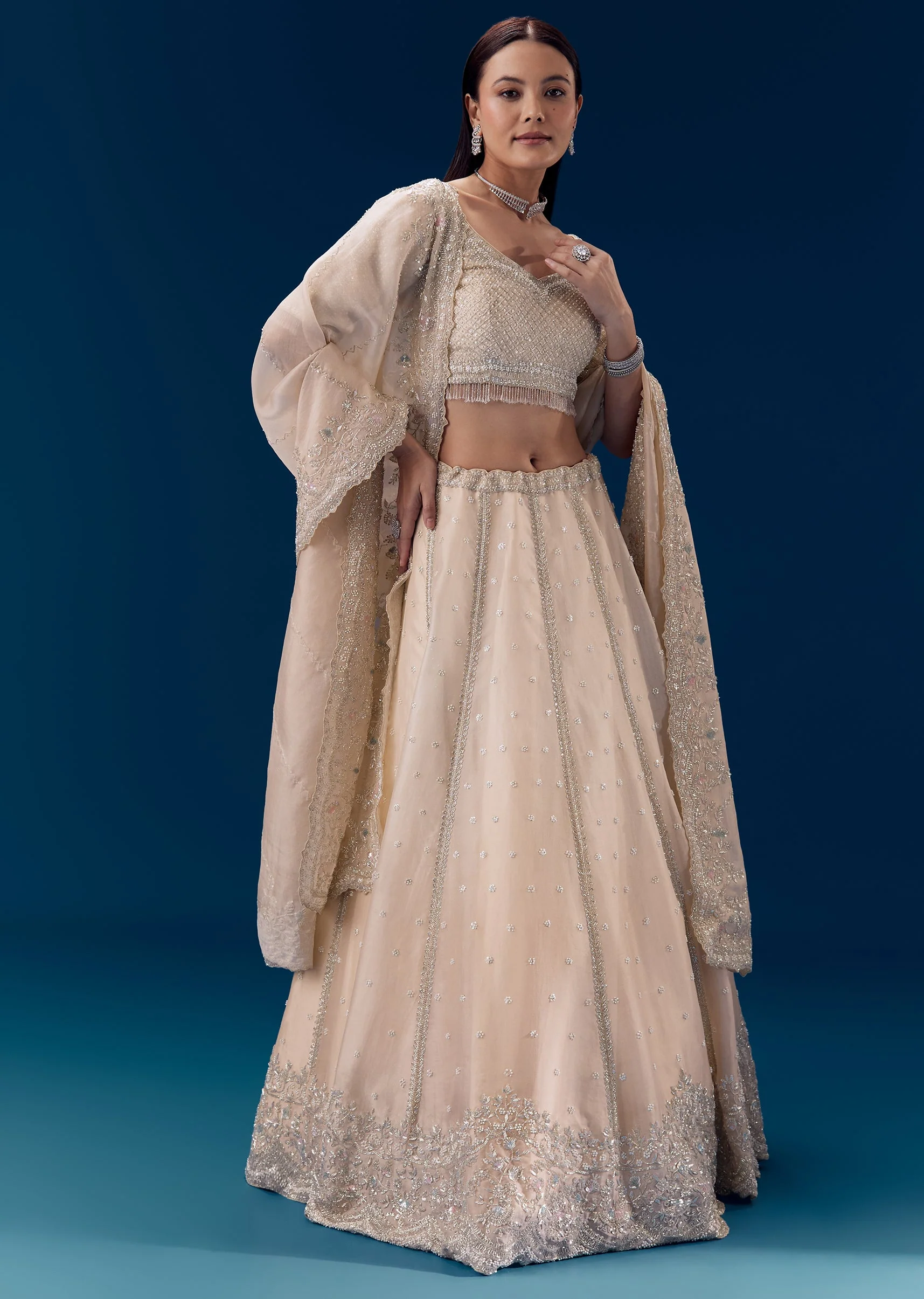 Off White Resham Work Bridal Lehenga Set - Image 4