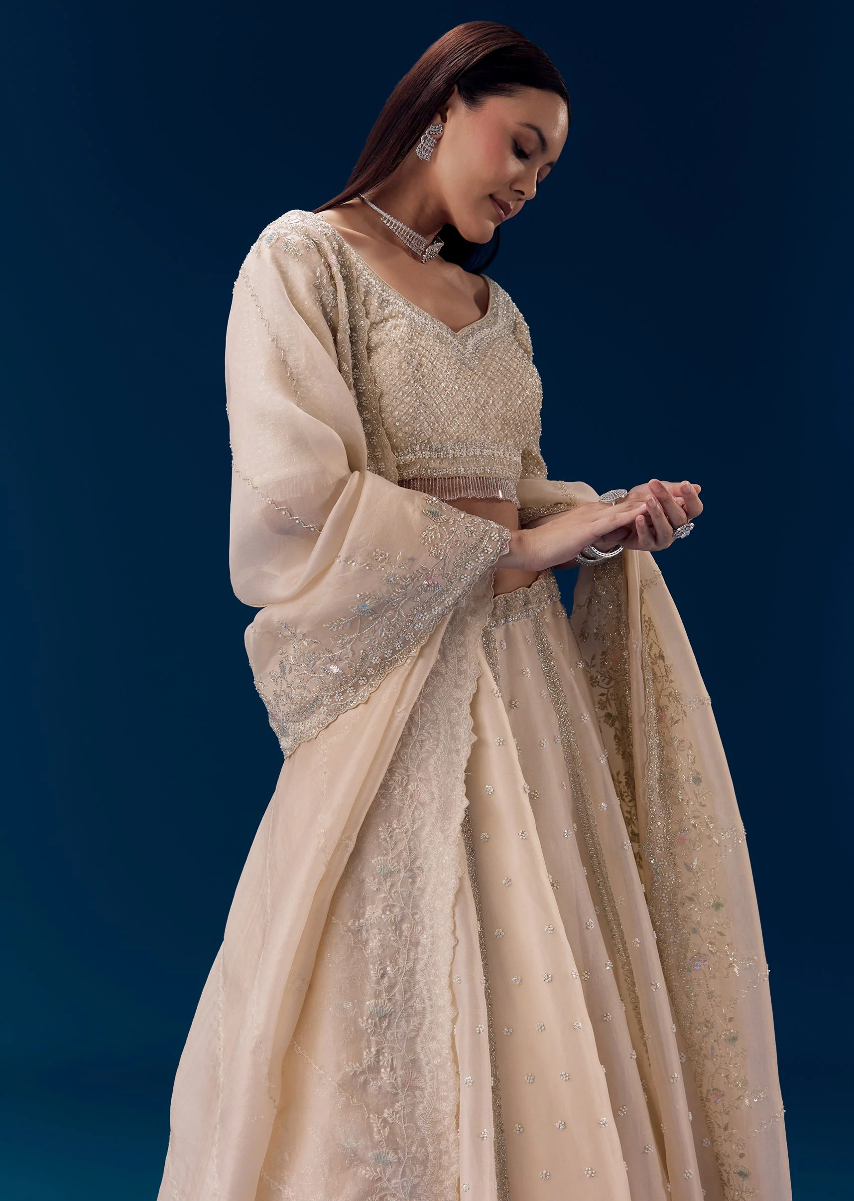 Off White Resham Work Bridal Lehenga Set - Image 5