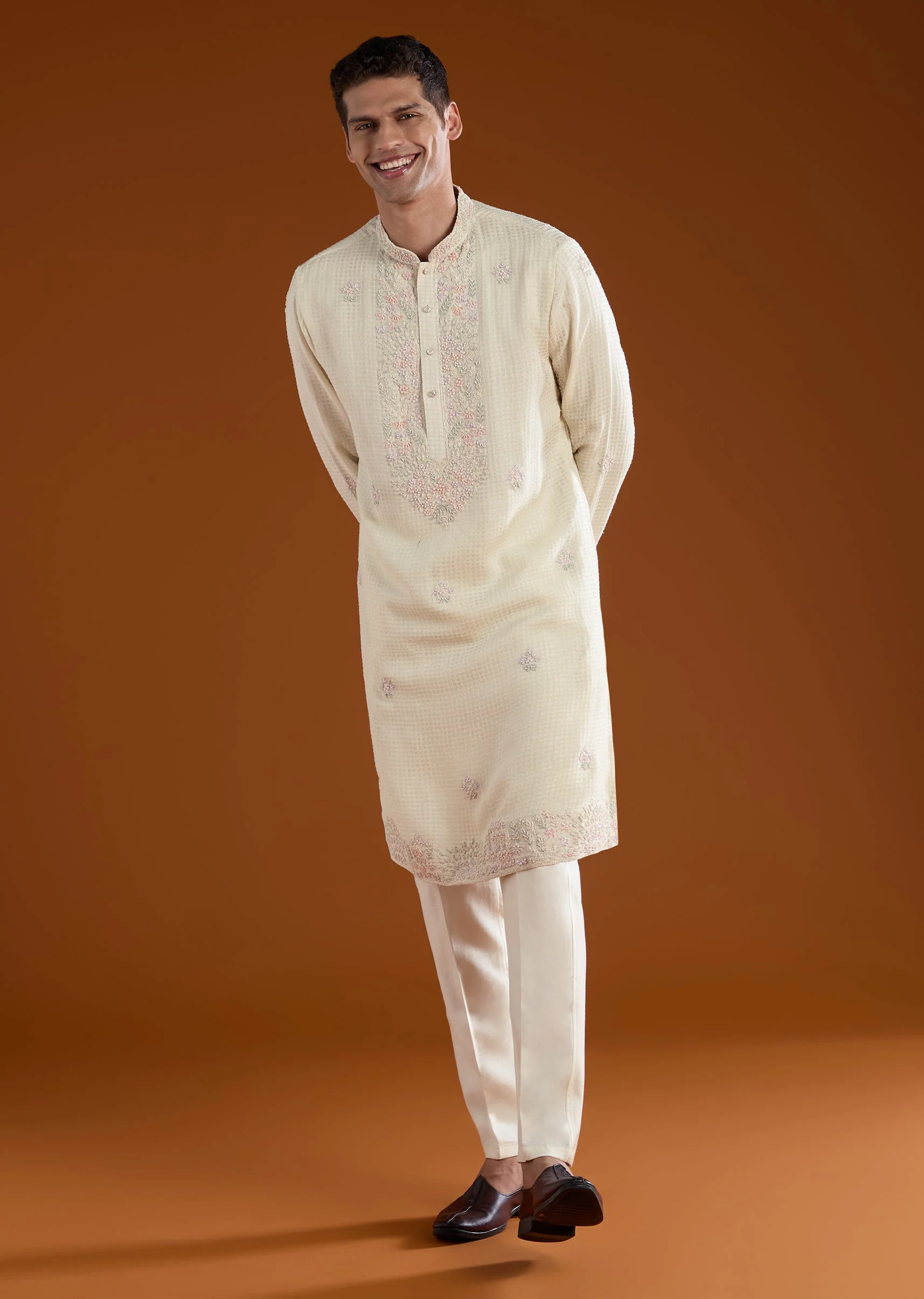 Off White Resham Work Mens Kurta Pant Set - Image 3