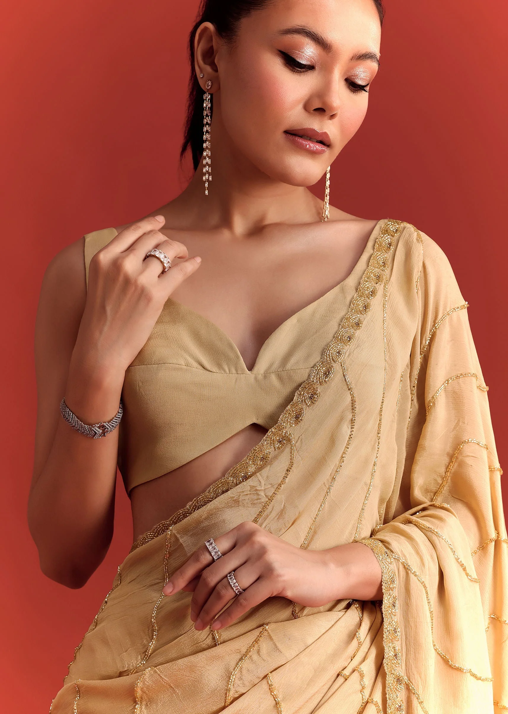 Off White Saree In Chinnon With Cutdana Work - Image 3