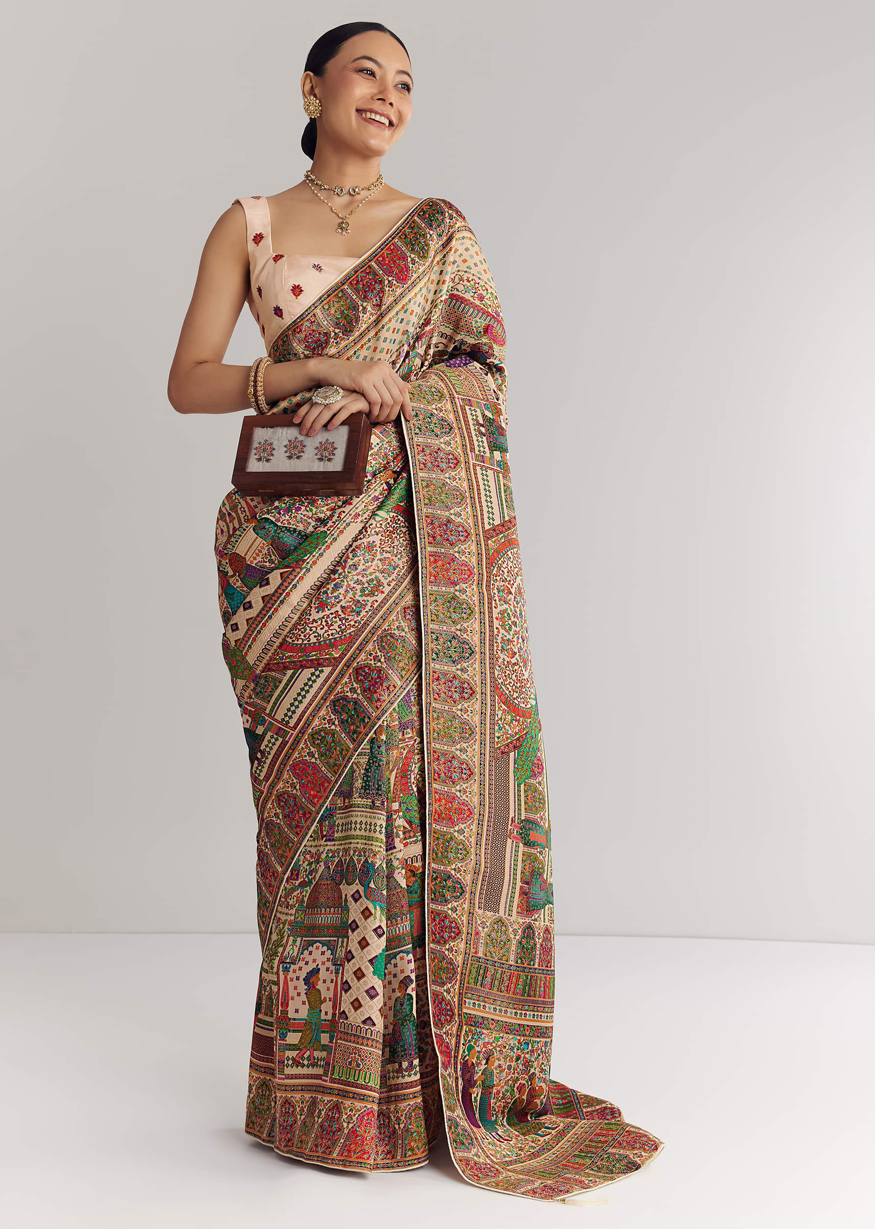 Off White Saree In Natural Traditional Prints - Image 2