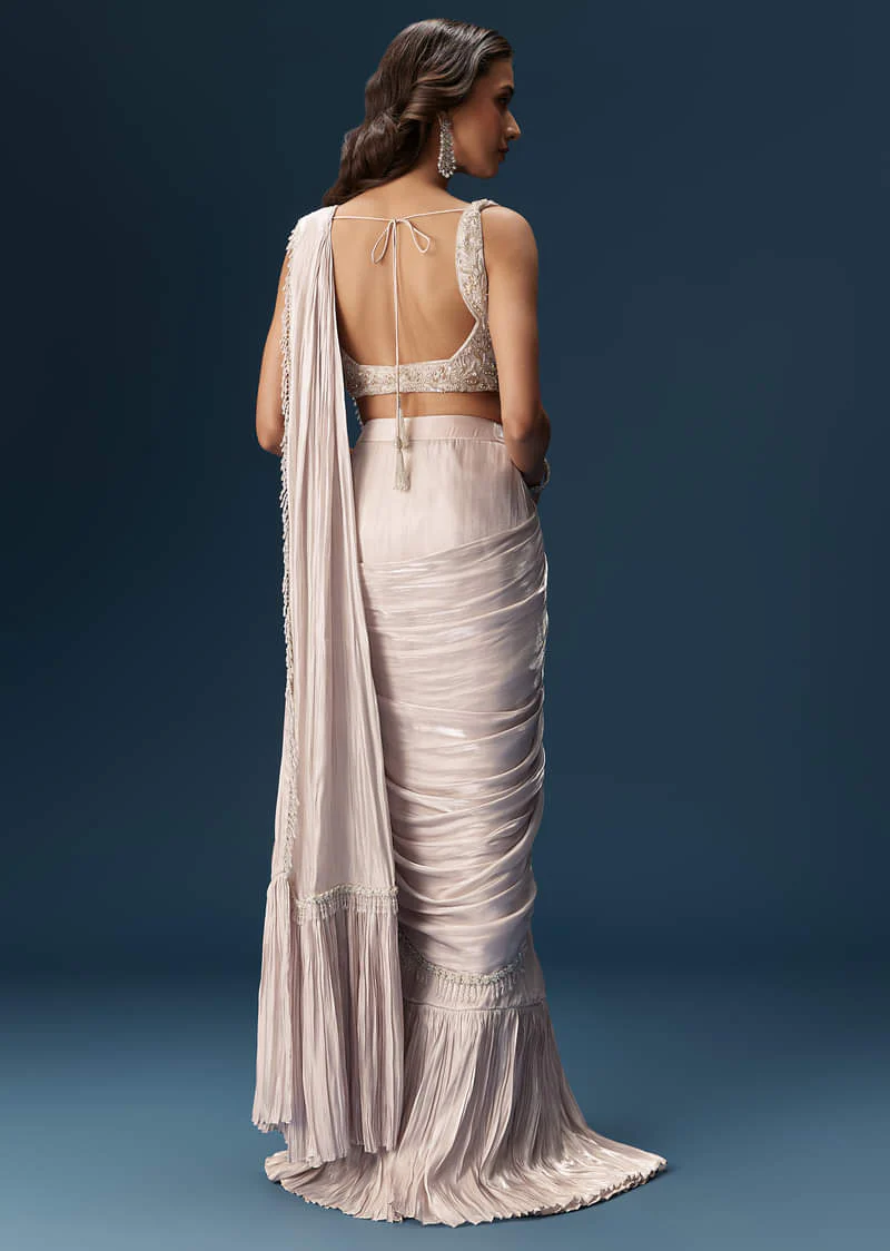Off White Saree With Embroidered Blouse - Image 2