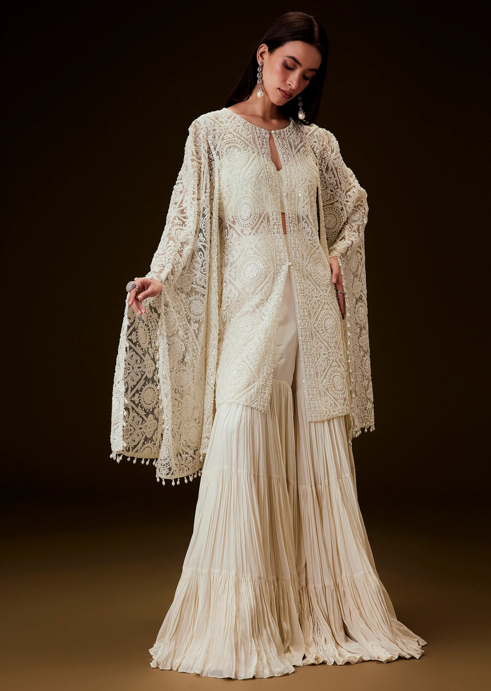 Off White Sequence Crepe Gathered Sharara Set With Fancy Sleeves Jacket - Image 2