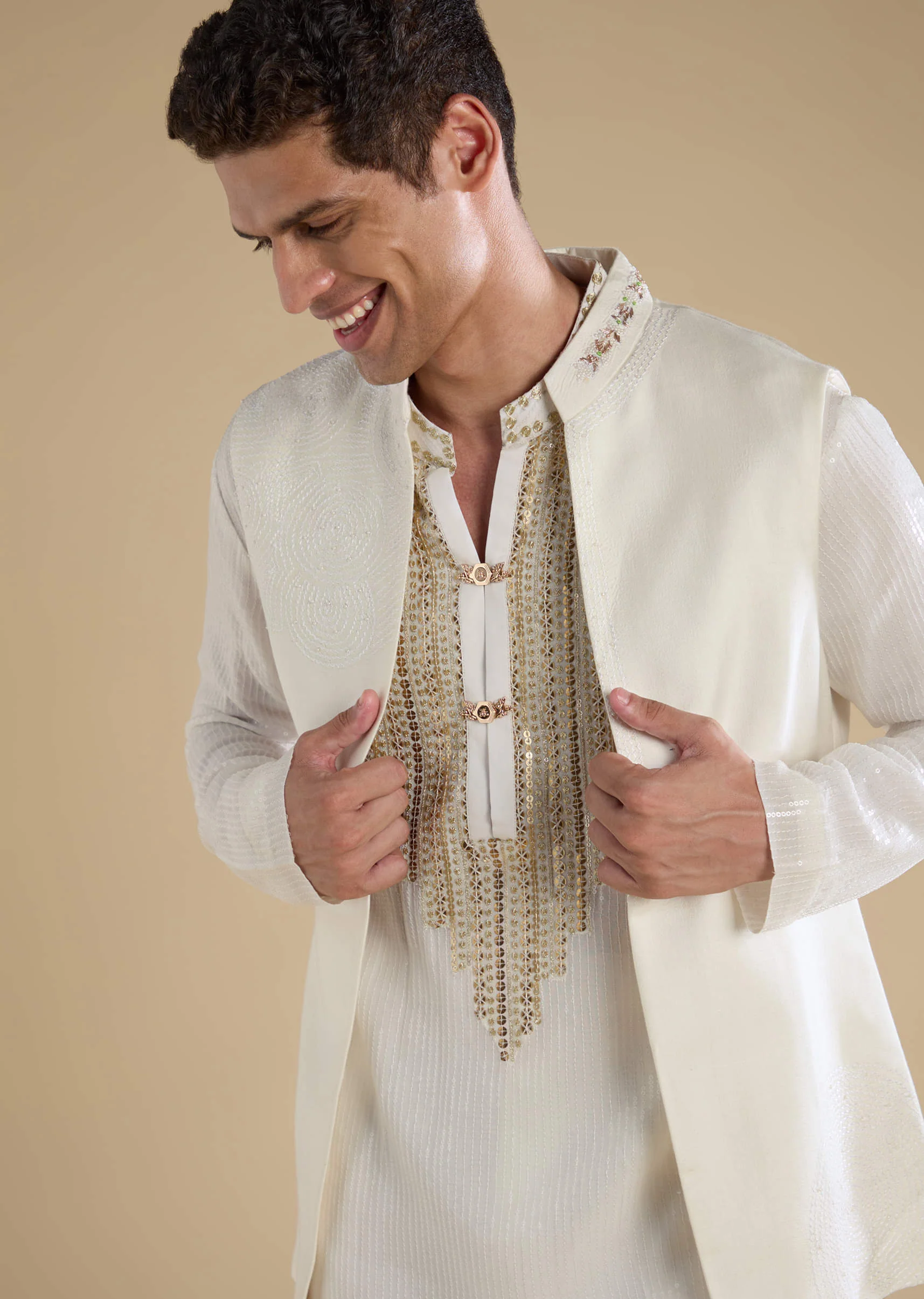 Off White Sequin Kurta and Jacket Set - Image 2