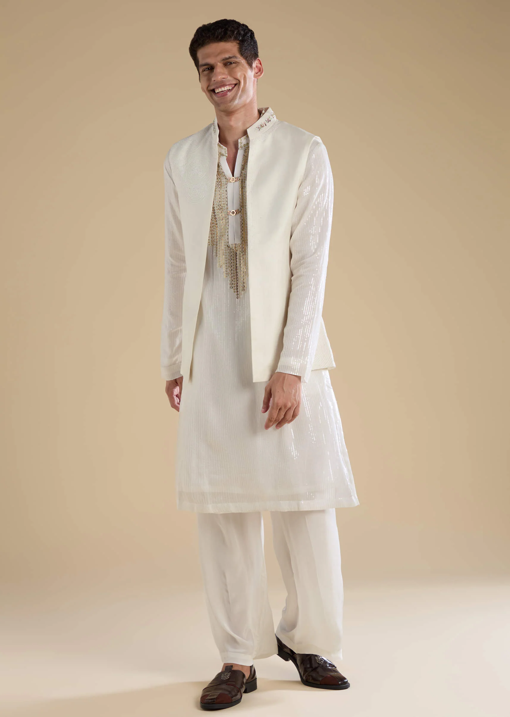 Off White Sequin Kurta and Jacket Set - Image 3