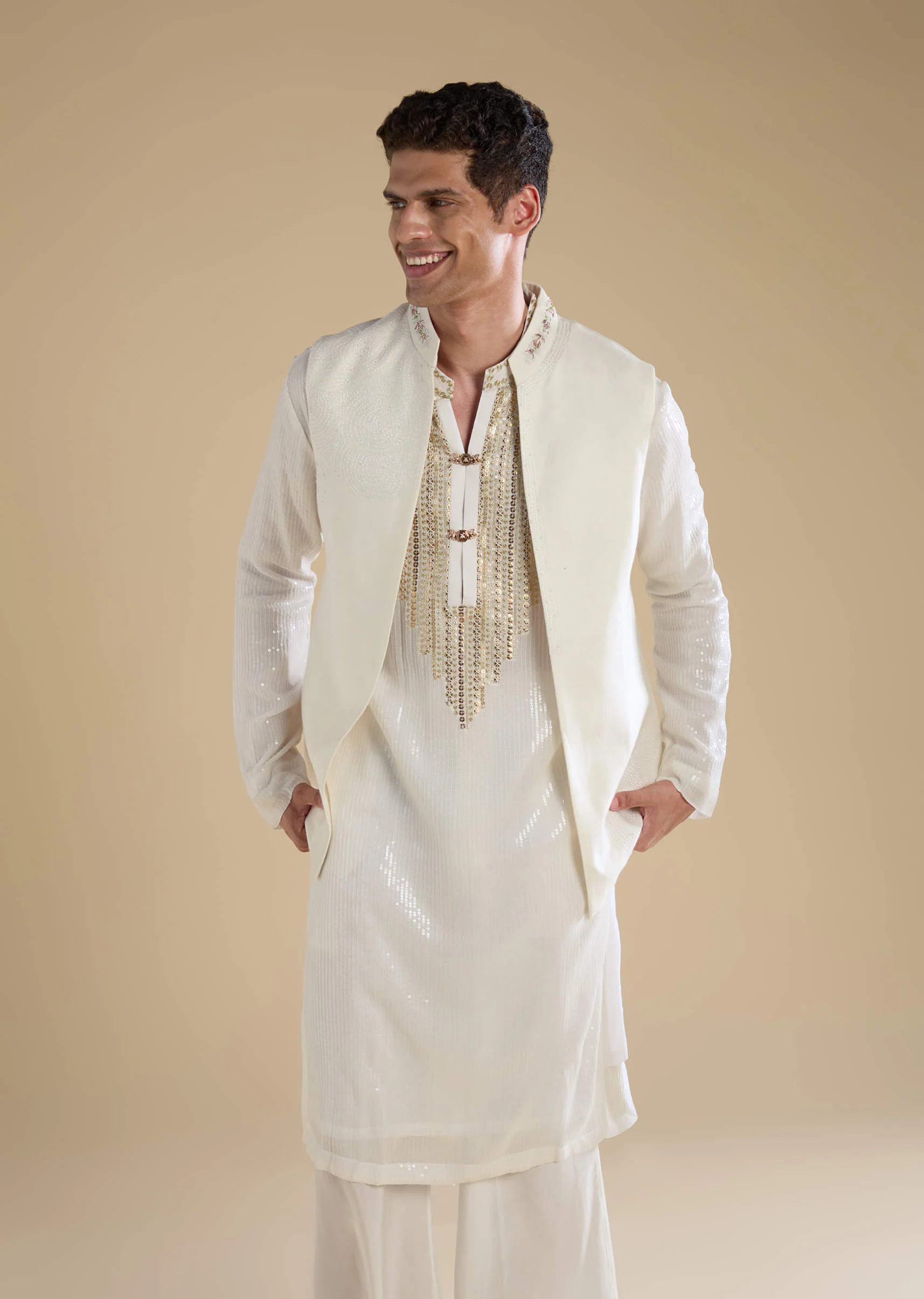 Off White Sequin Kurta and Jacket Set - Image 4