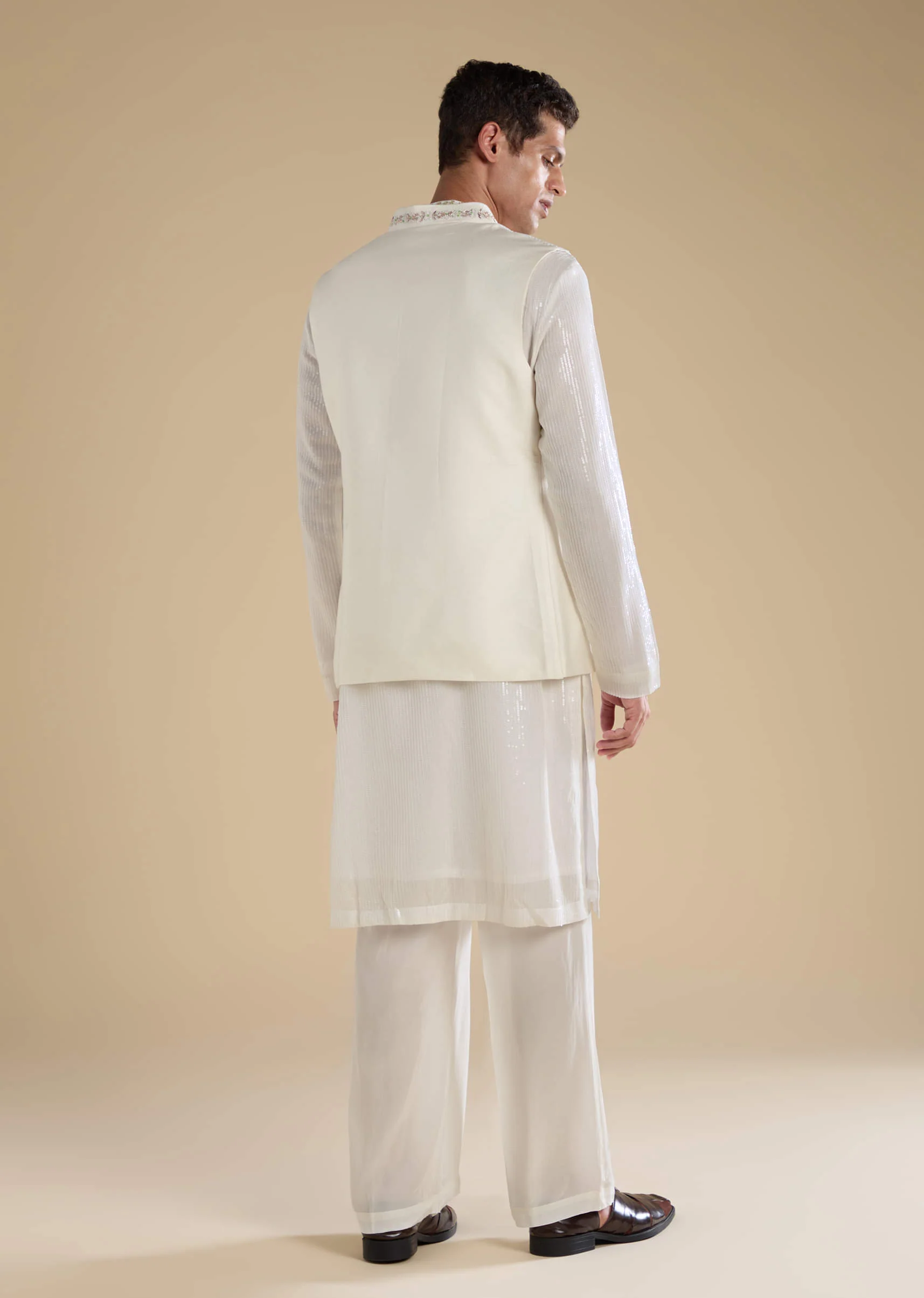 Off White Sequin Kurta and Jacket Set - Image 5
