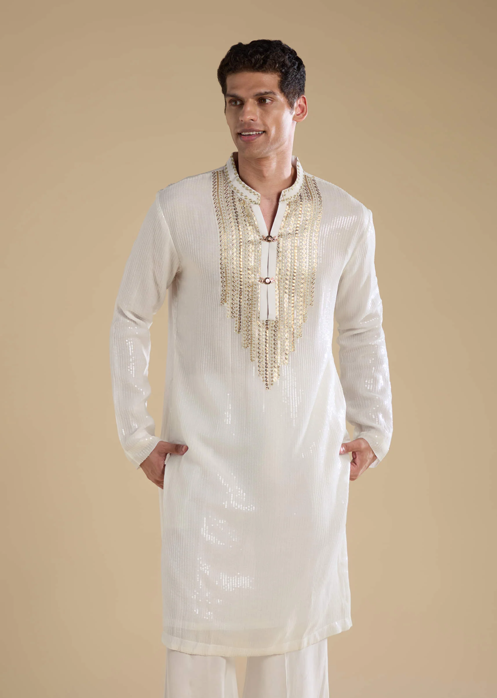 Off White Sequin Kurta and Jacket Set - Image 6