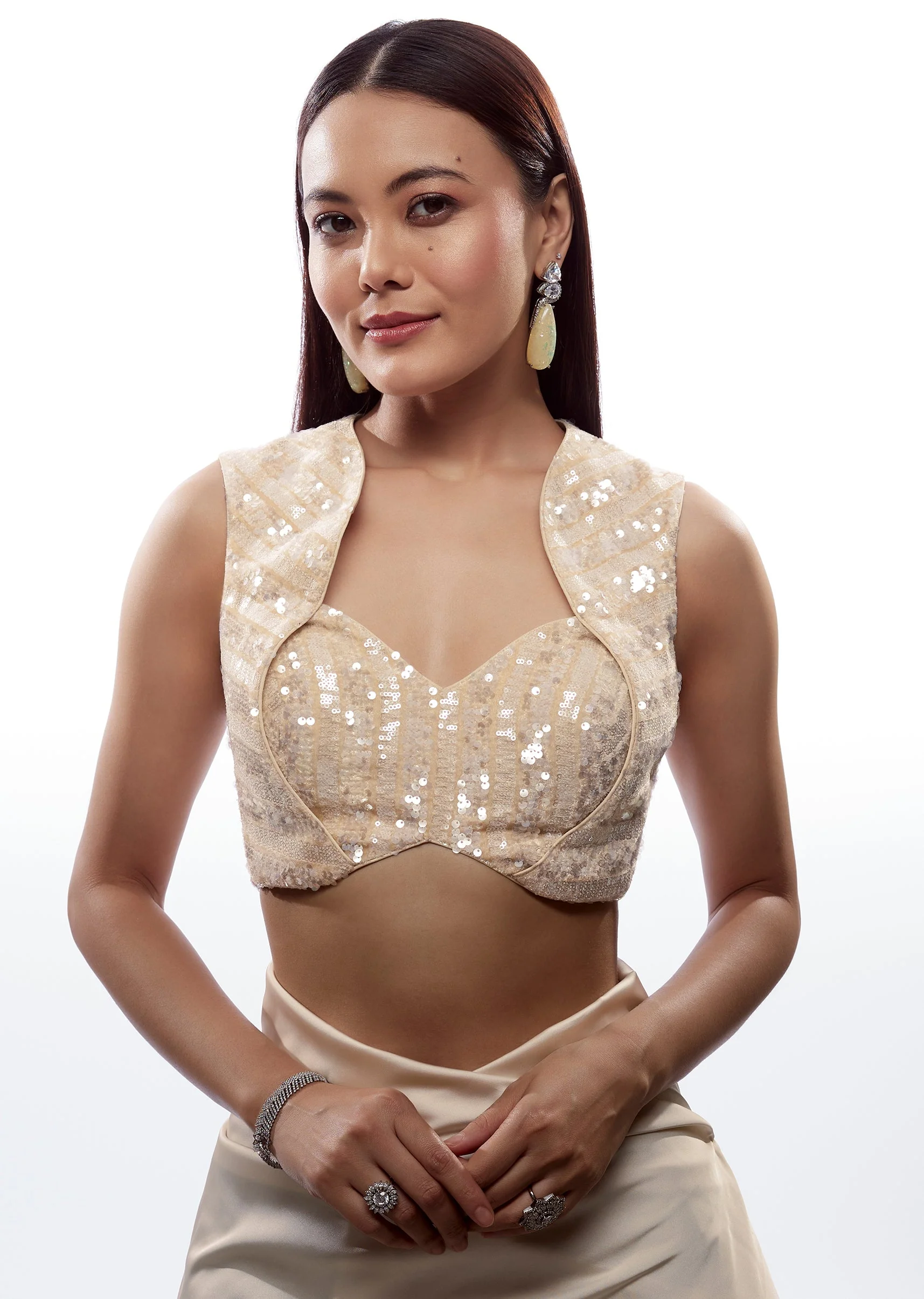 Off White Sequin Sweetheart Blouse With Back Zip