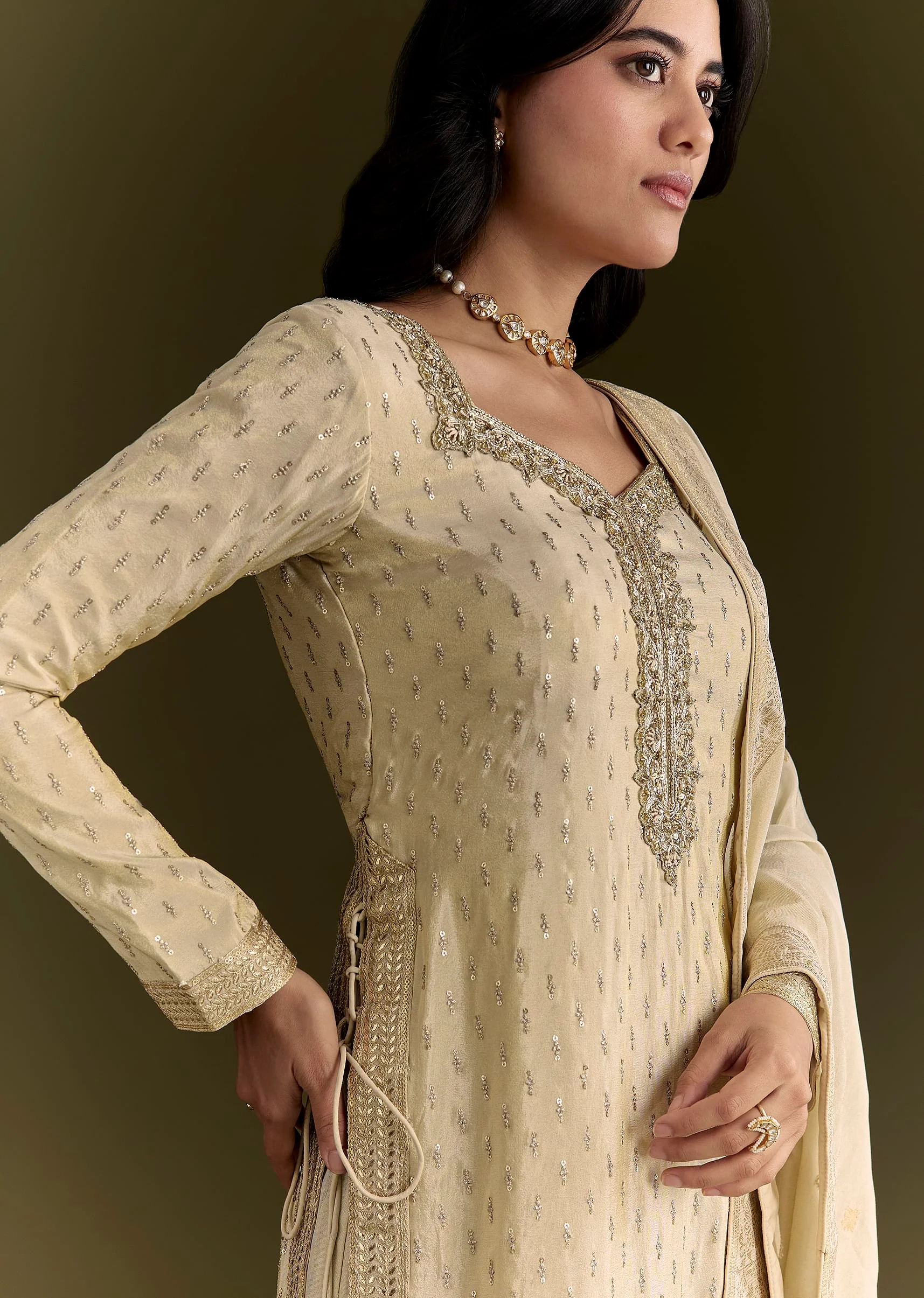 Off White Sequin Zardosi Kurta With Zari Badla Work Border Dupatta - Image 2