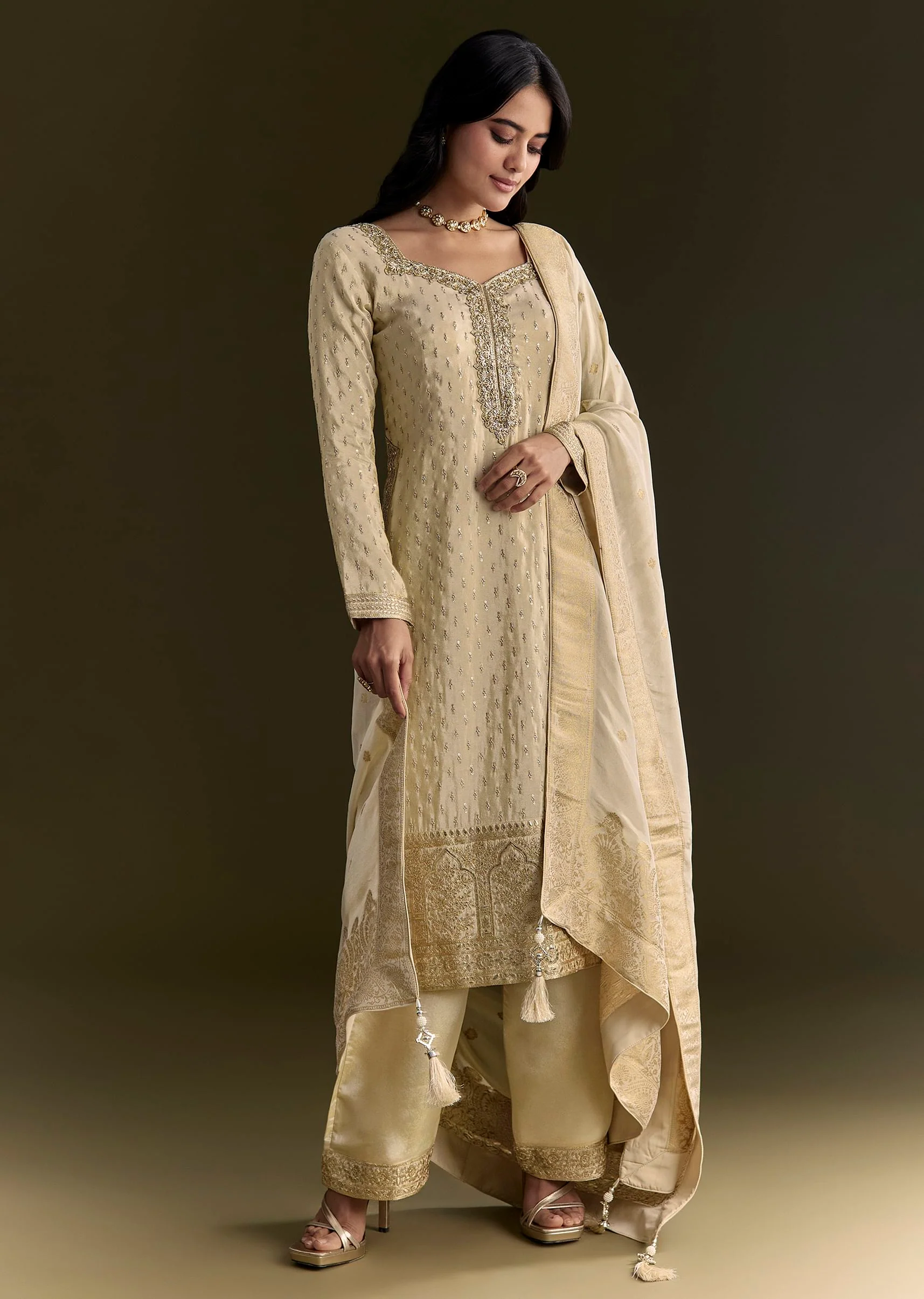 Off White Sequin Zardosi Kurta With Zari Badla Work Border Dupatta - Image 3