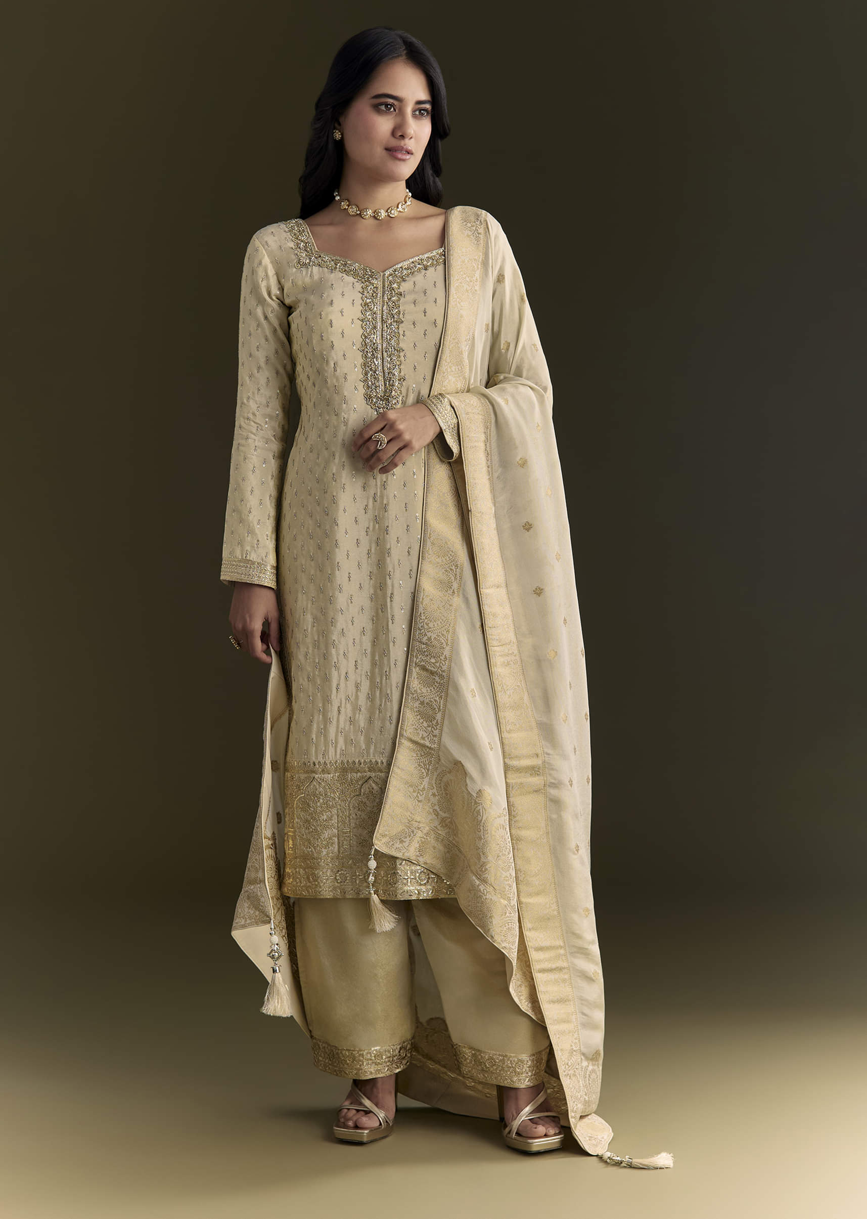Off White Sequin Zardosi Kurta With Zari Badla Work Border Dupatta - Image 8
