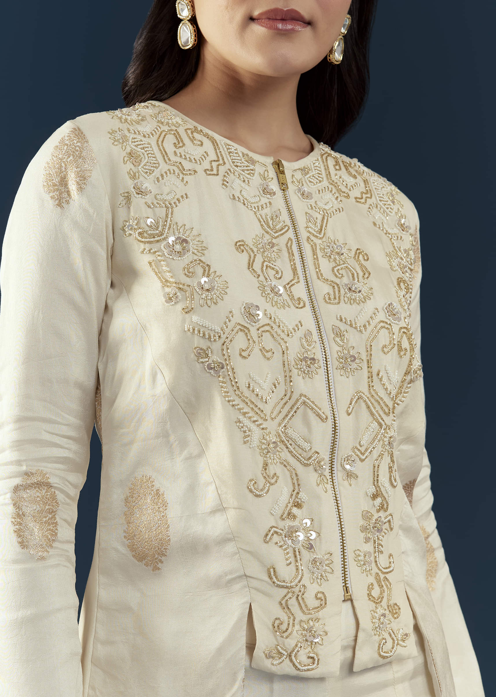 Off White Silk Embroidered Crop Top and Pant Set - Image 2