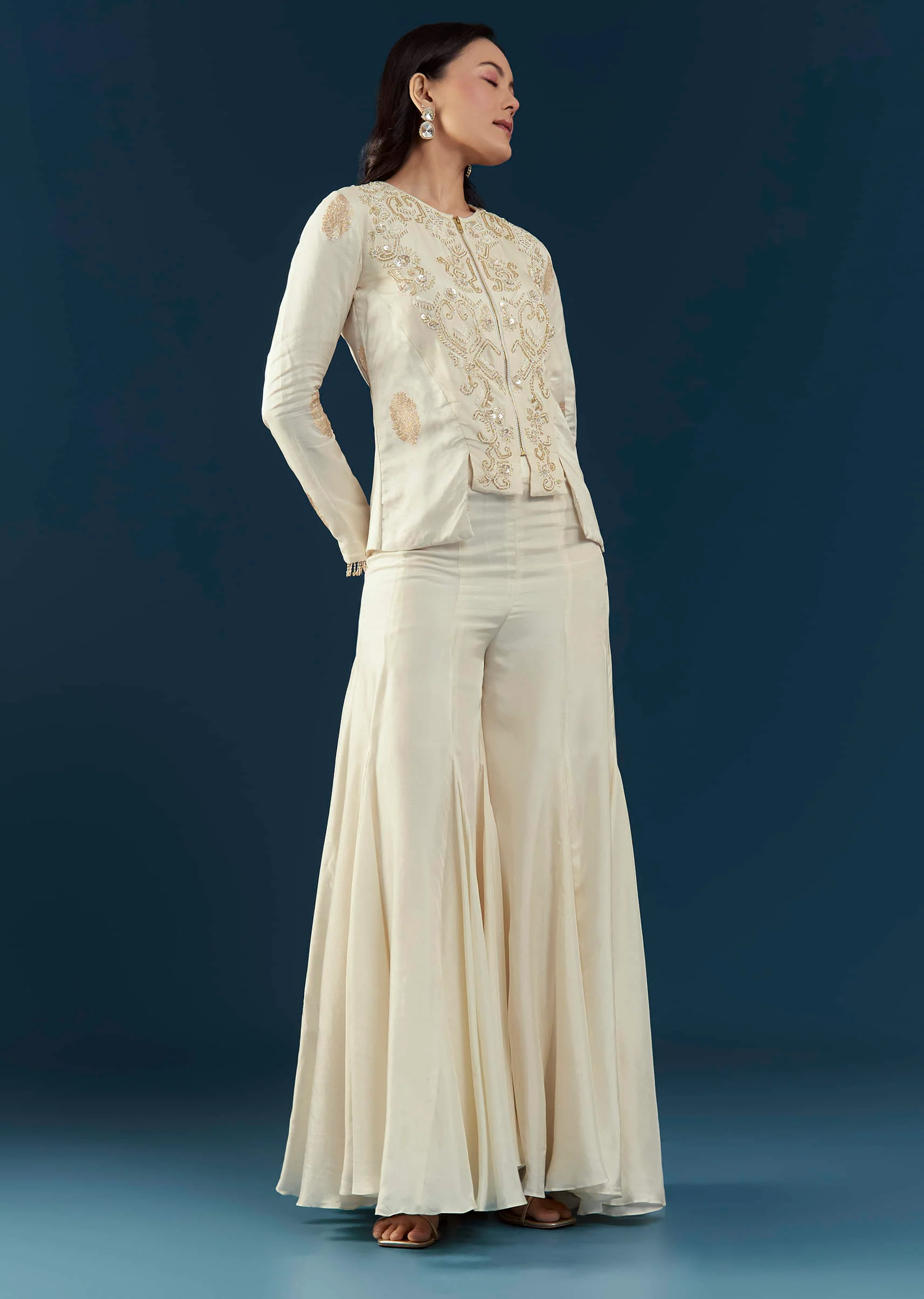 Off White Silk Embroidered Crop Top and Pant Set - Image 3