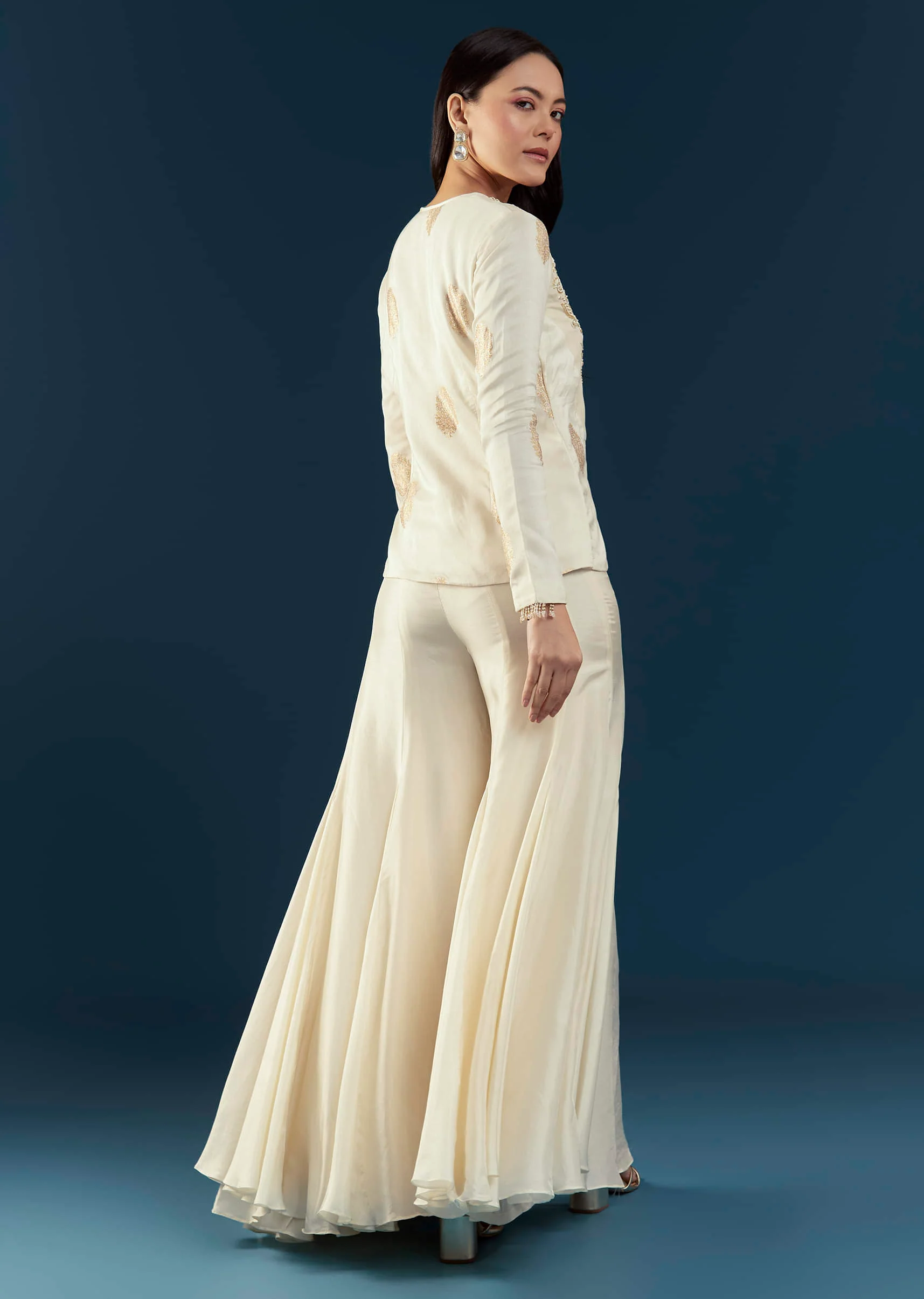 Off White Silk Embroidered Crop Top and Pant Set - Image 5
