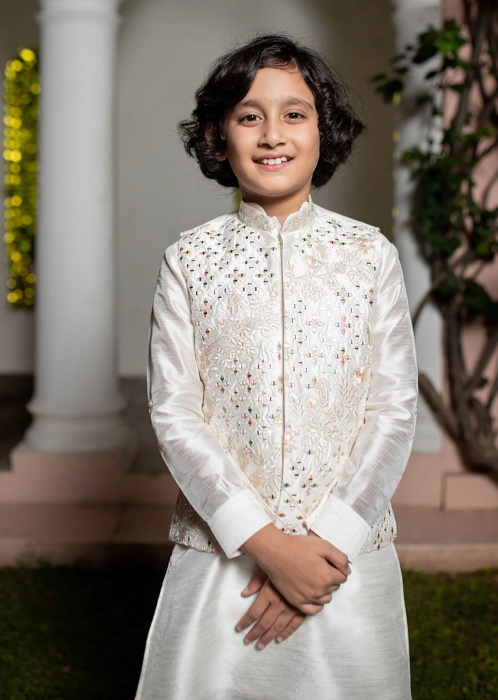 Off White Silk Embroidered Kurta Jacket Set - Image 2