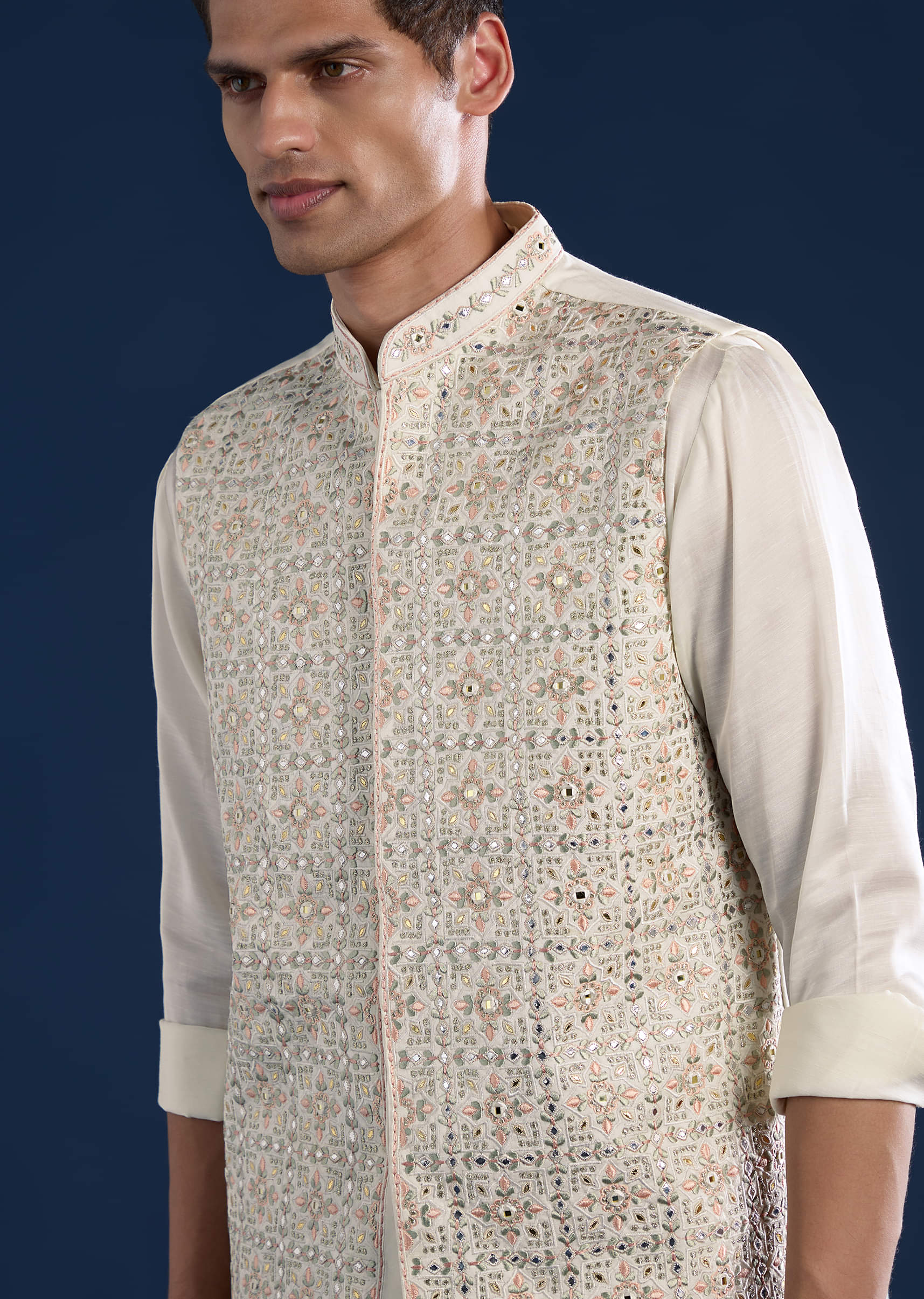 Off White Silk Jacket Kurta Set with Mirror Work - Image 2