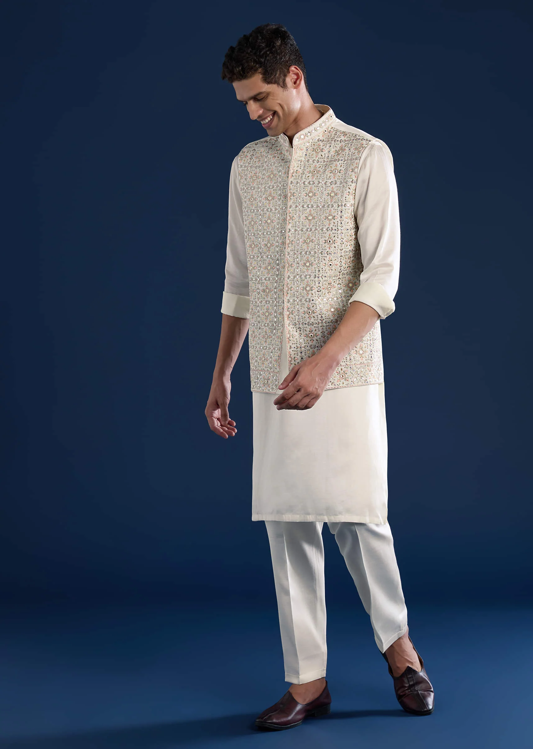 Off White Silk Jacket Kurta Set with Mirror Work - Image 3