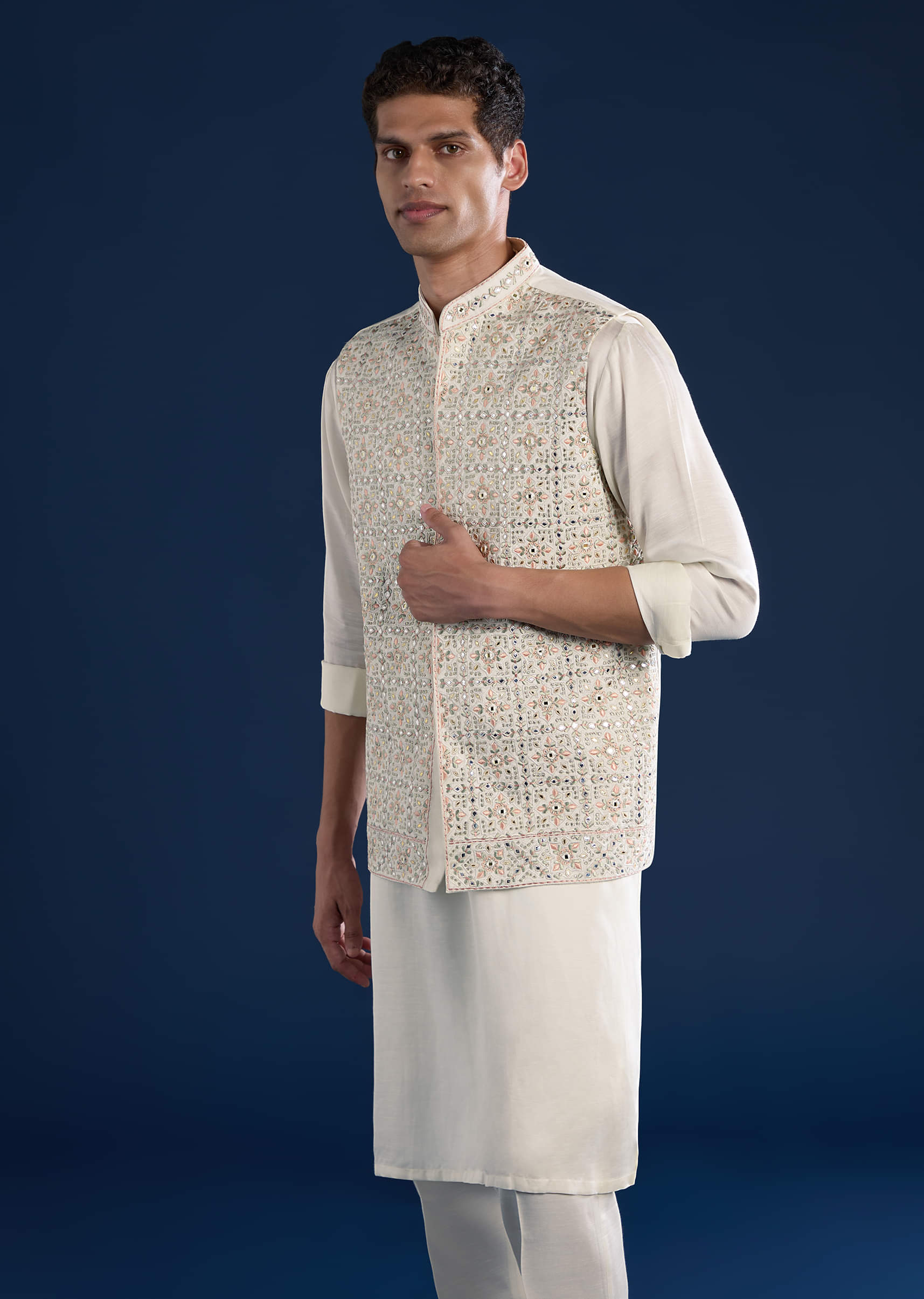 Off White Silk Jacket Kurta Set with Mirror Work - Image 4