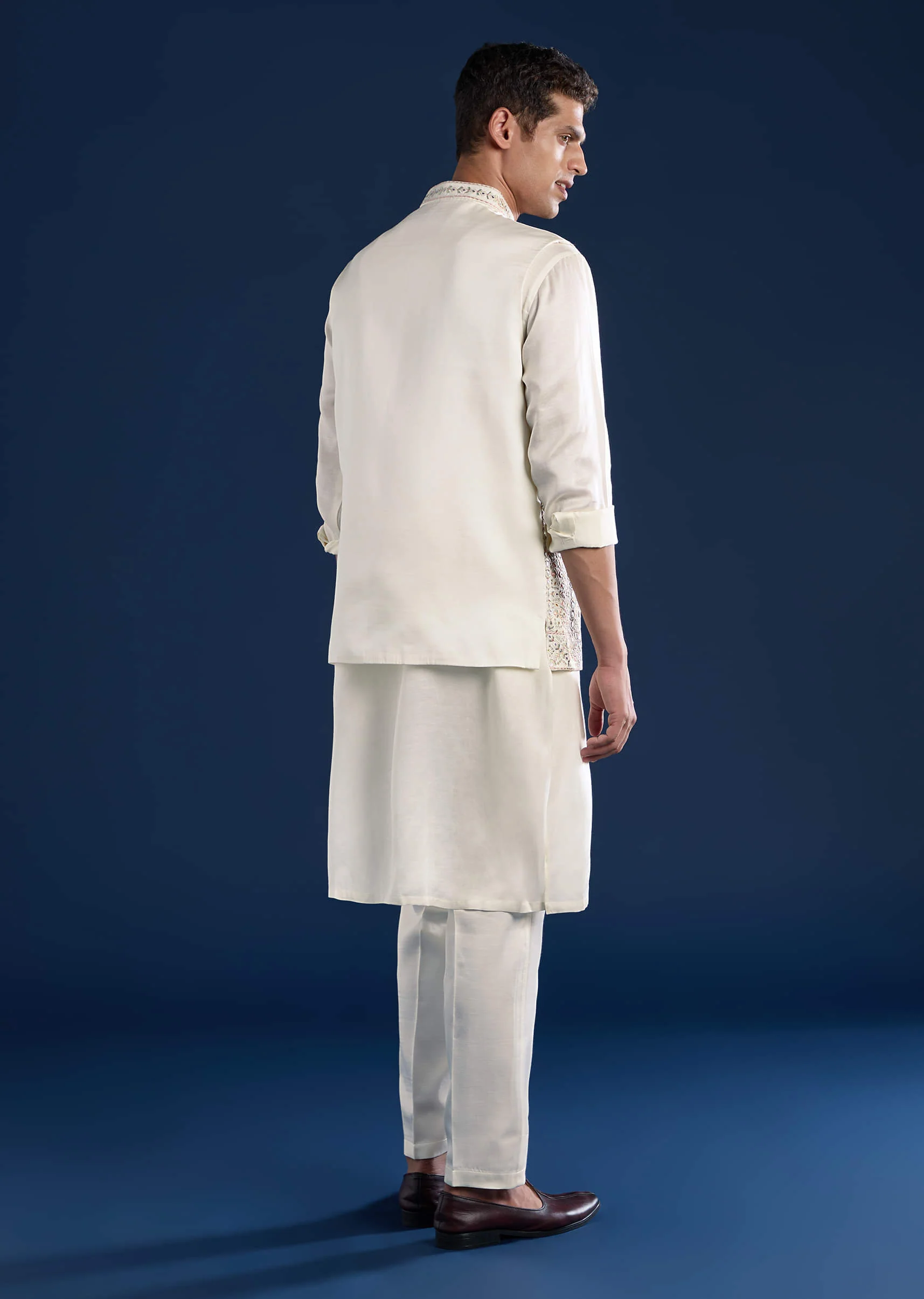 Off White Silk Jacket Kurta Set with Mirror Work - Image 5