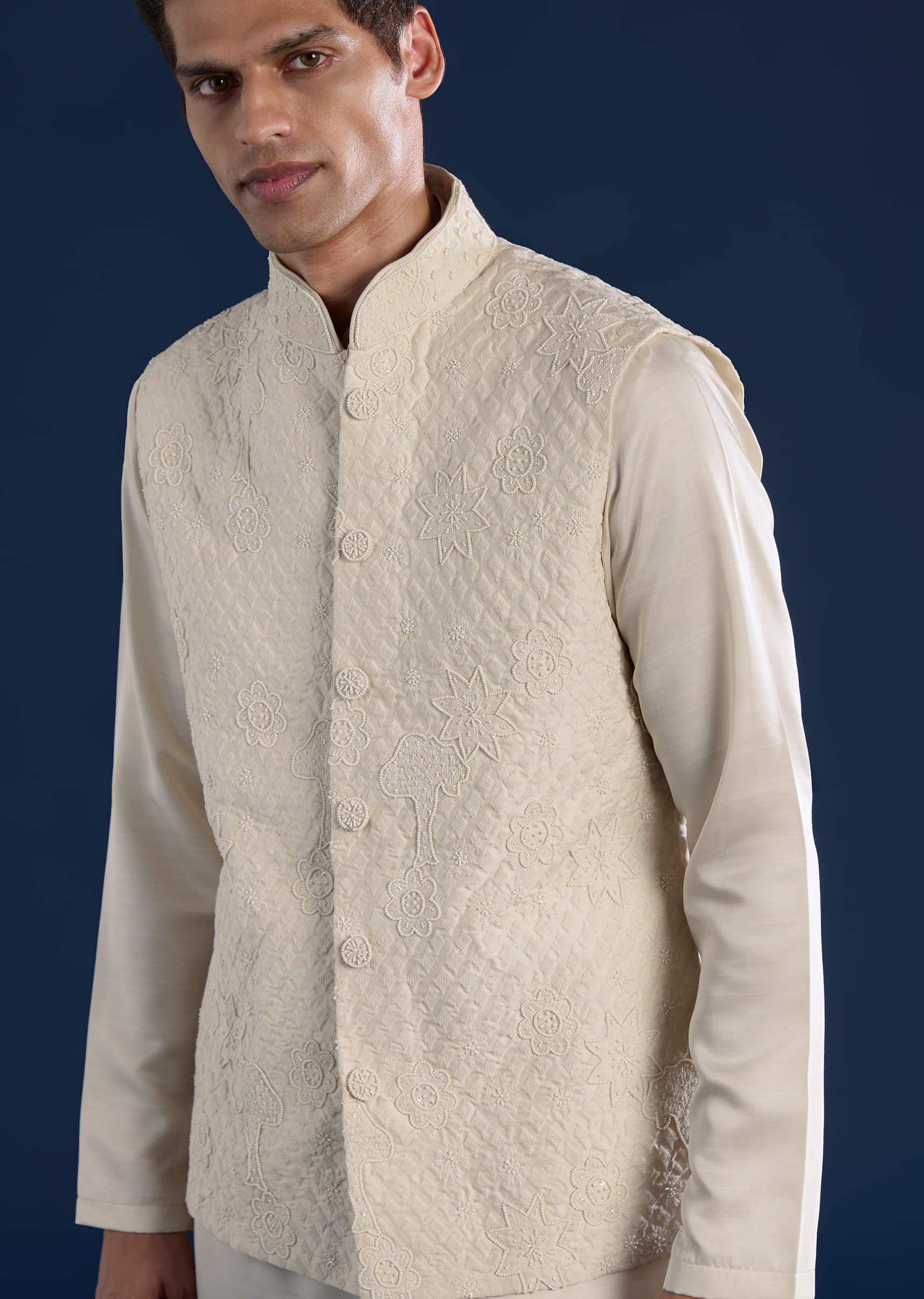 Off White Silk Jacket Kurta Set with Moti Work - Image 2