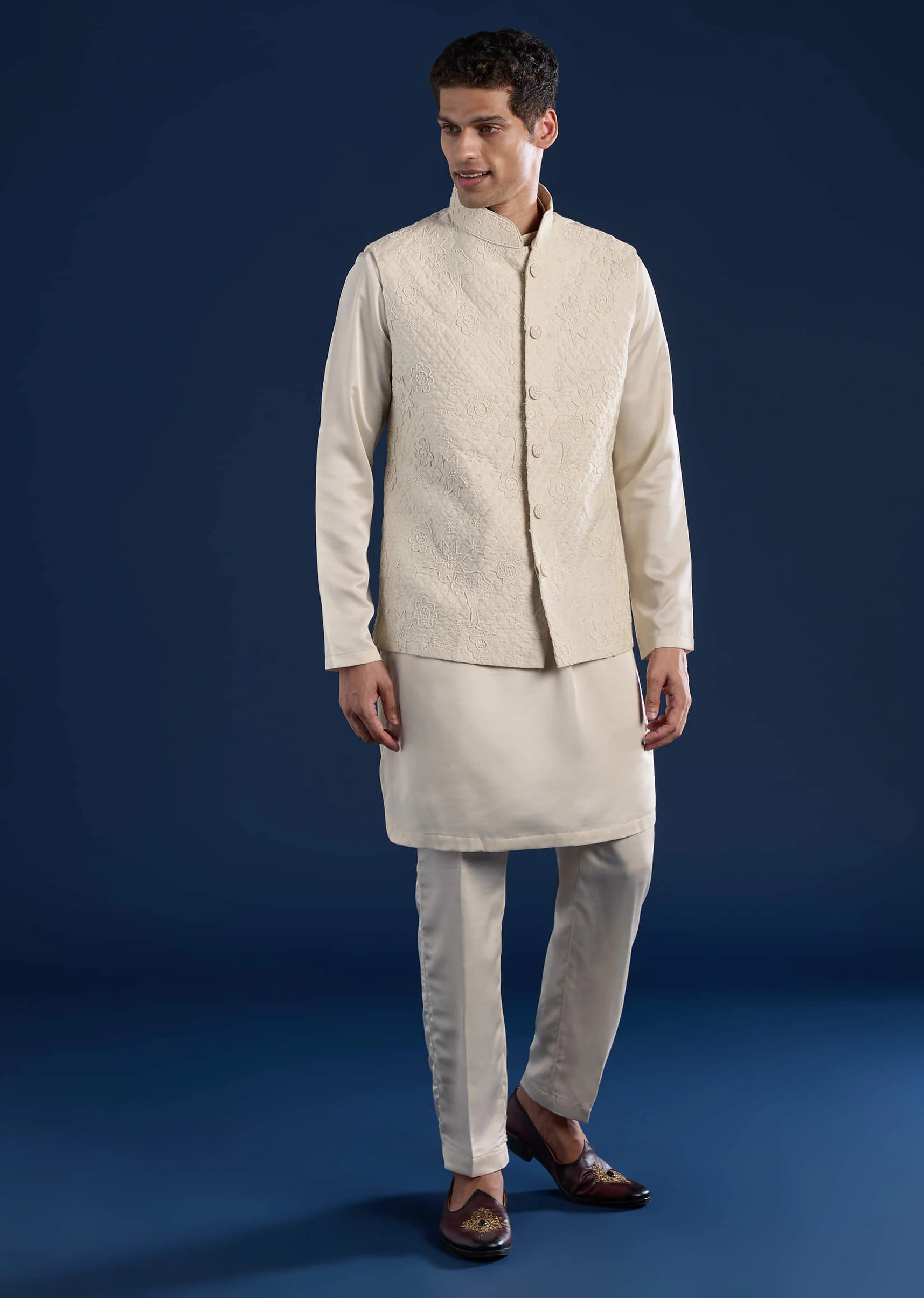 Off White Silk Jacket Kurta Set with Moti Work - Image 3