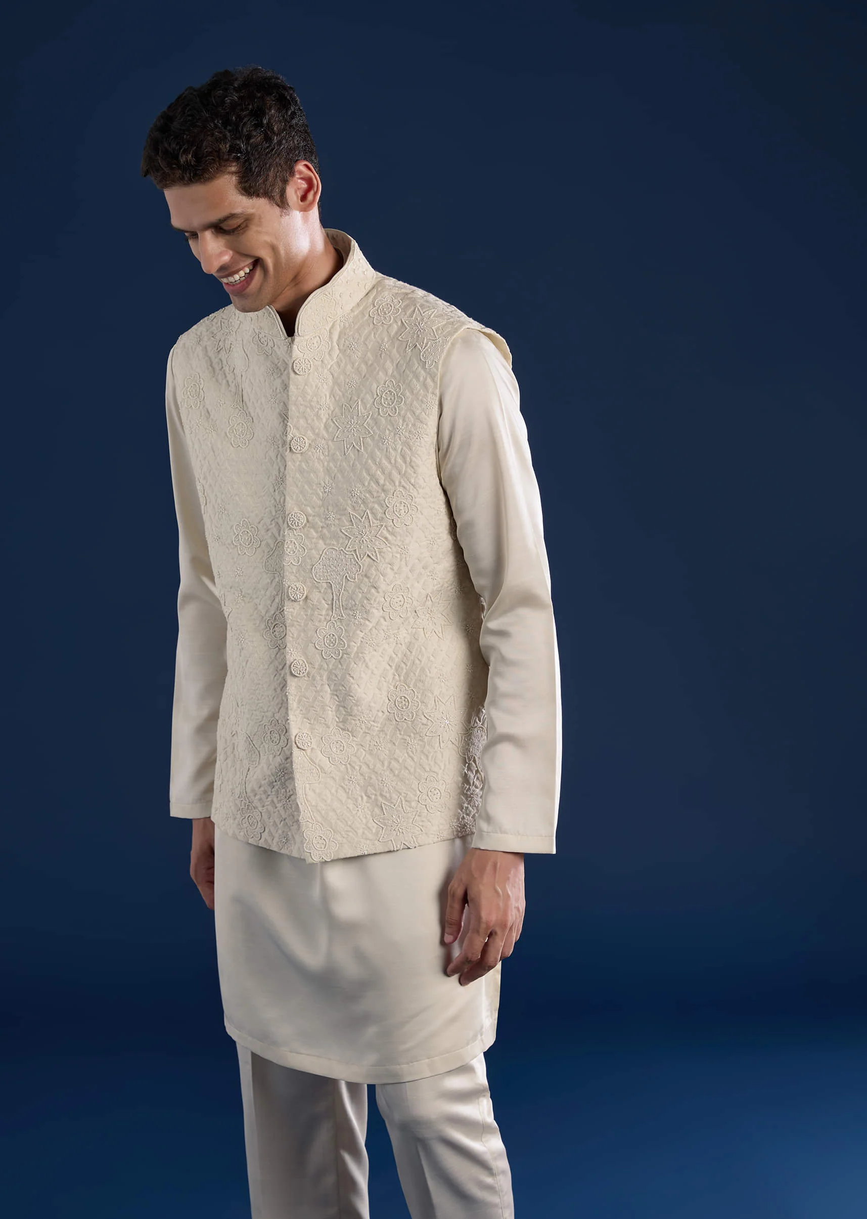 Off White Silk Jacket Kurta Set with Moti Work - Image 4