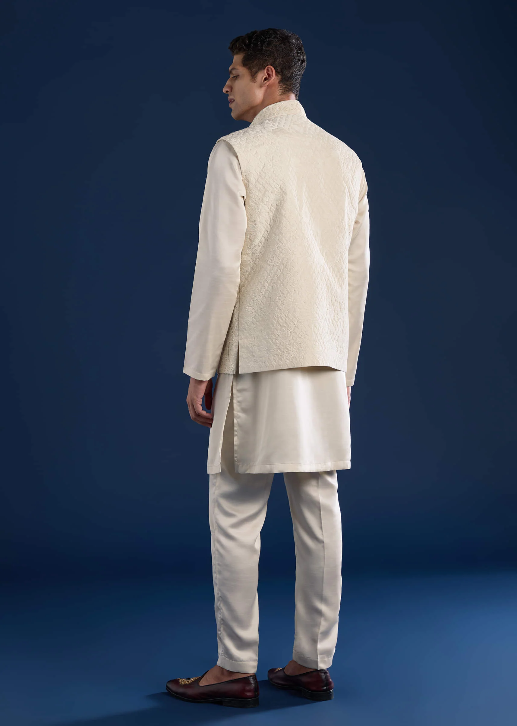 Off White Silk Jacket Kurta Set with Moti Work - Image 5