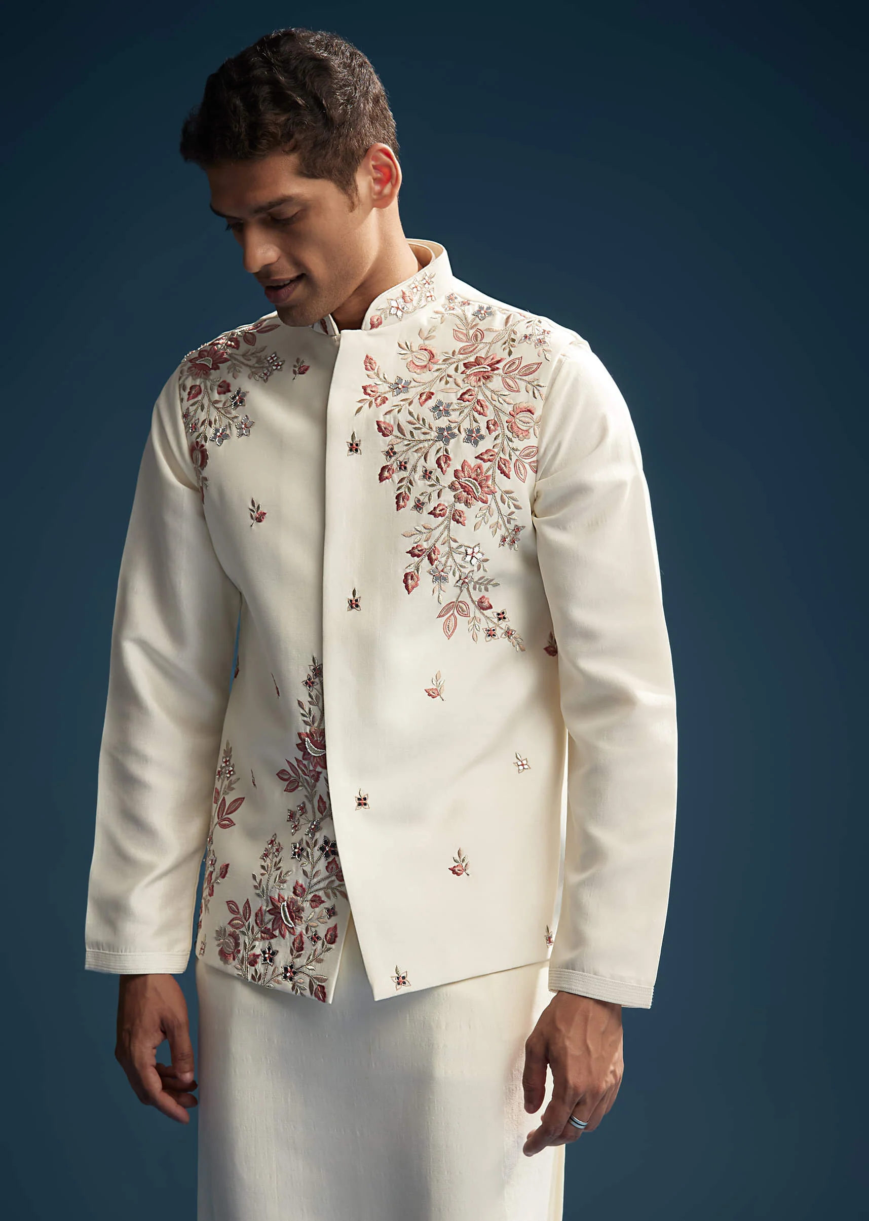 Off White Silk Kurta Jacket Set For Men With Heavy Embroidery - Image 4