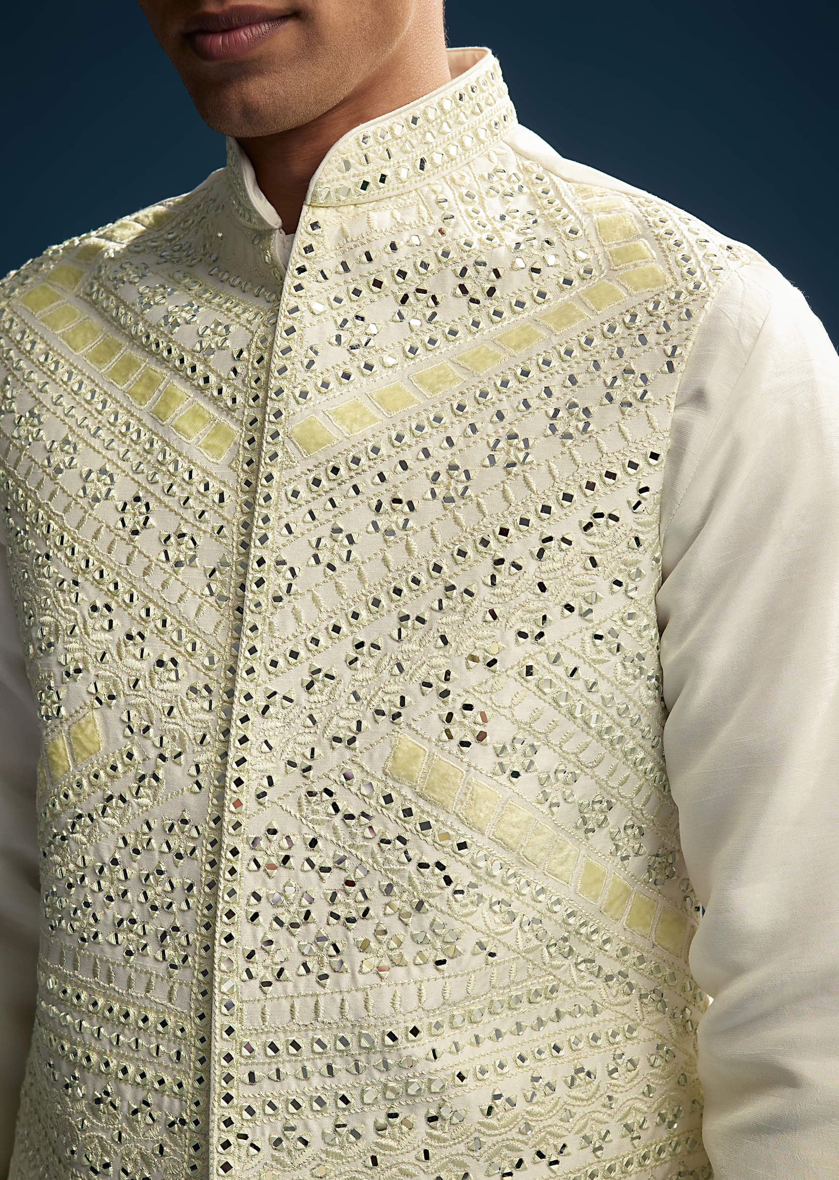 Off White Silk Kurta Jacket Set For Men With Mirror Embroidery - Image 3