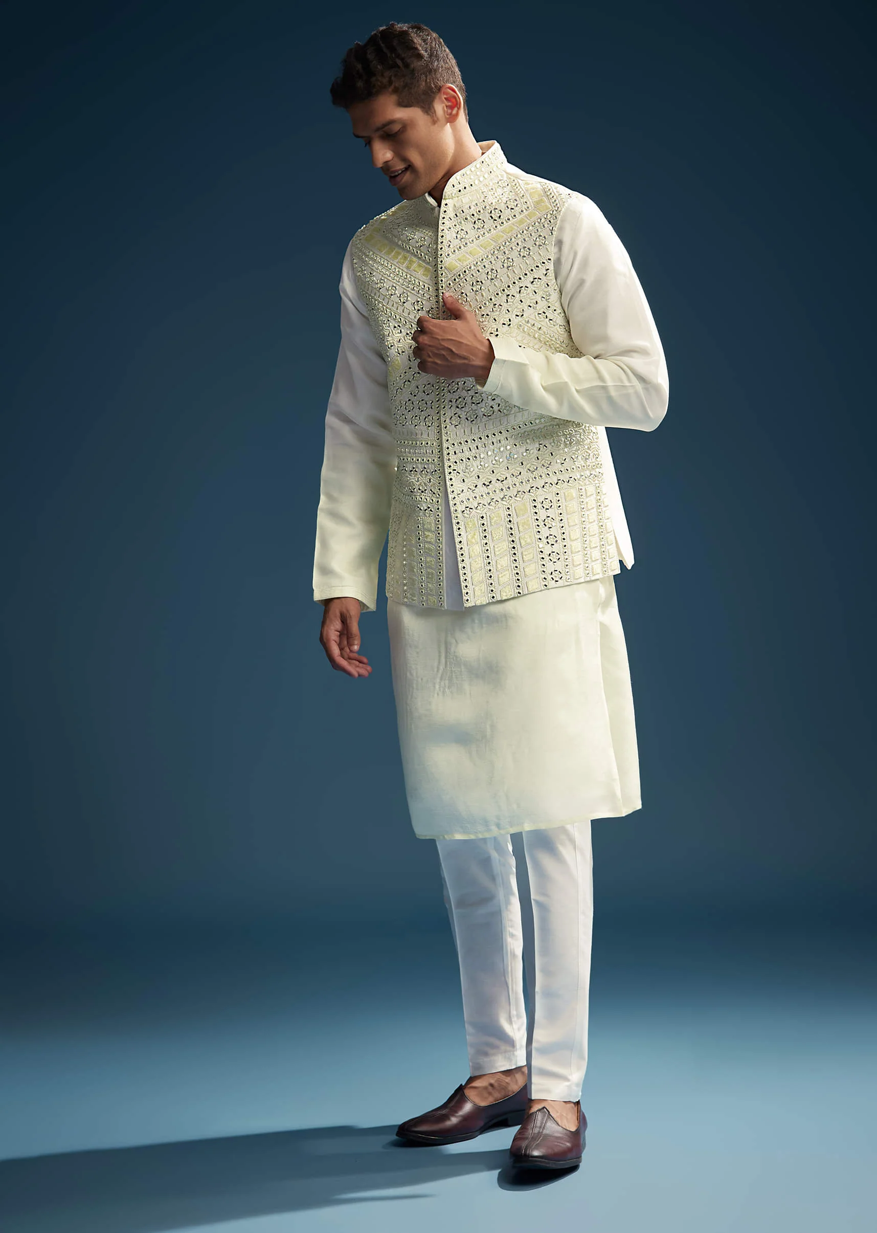 Off White Silk Kurta Jacket Set For Men With Mirror Embroidery - Image 4