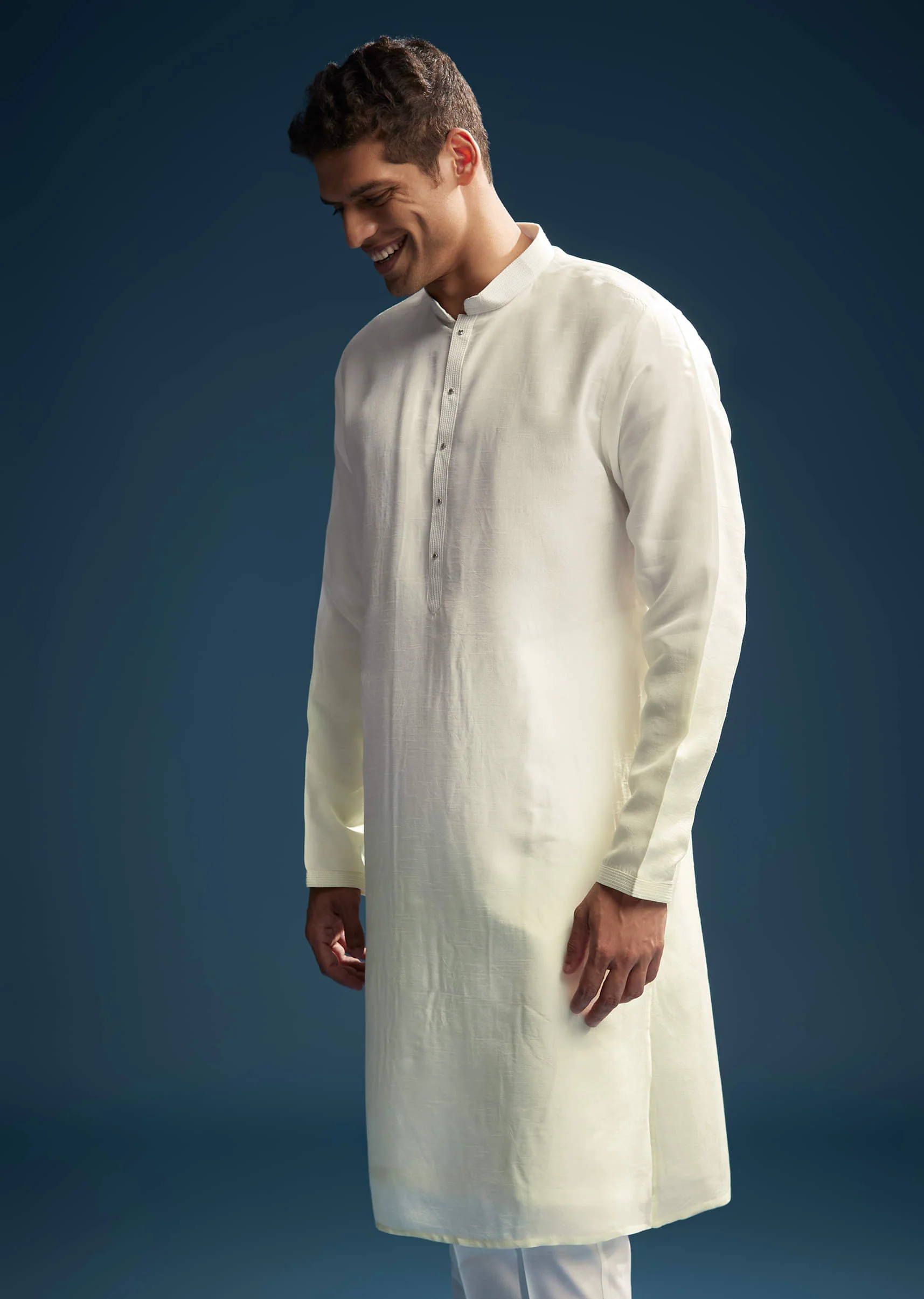 Off White Silk Kurta Jacket Set For Men With Mirror Embroidery - Image 6