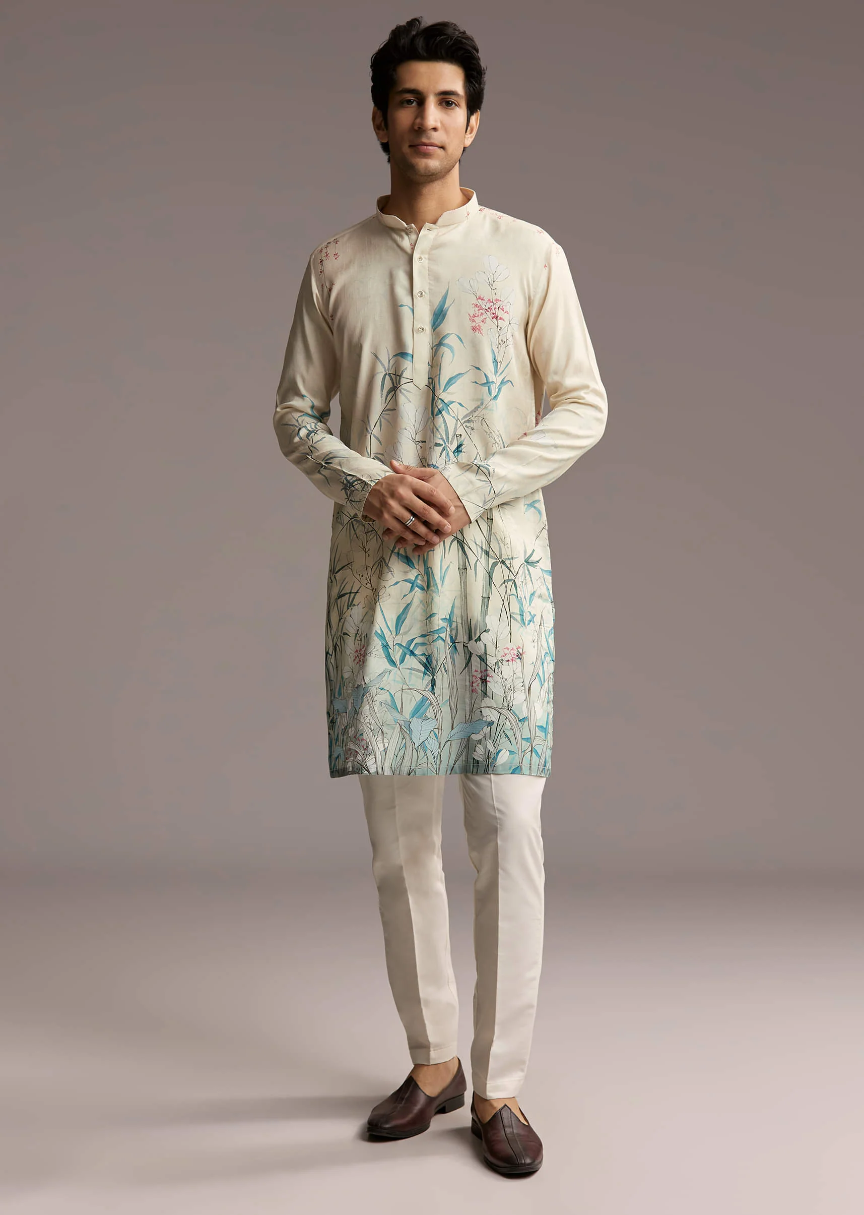 Off White Silk Kurta Set For Men With Botanical Garden Print - Image 2
