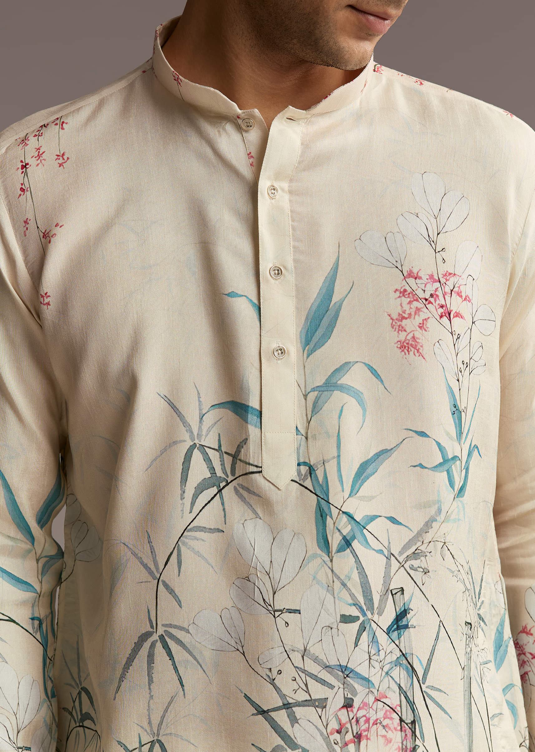 Off White Silk Kurta Set For Men With Botanical Garden Print - Image 3