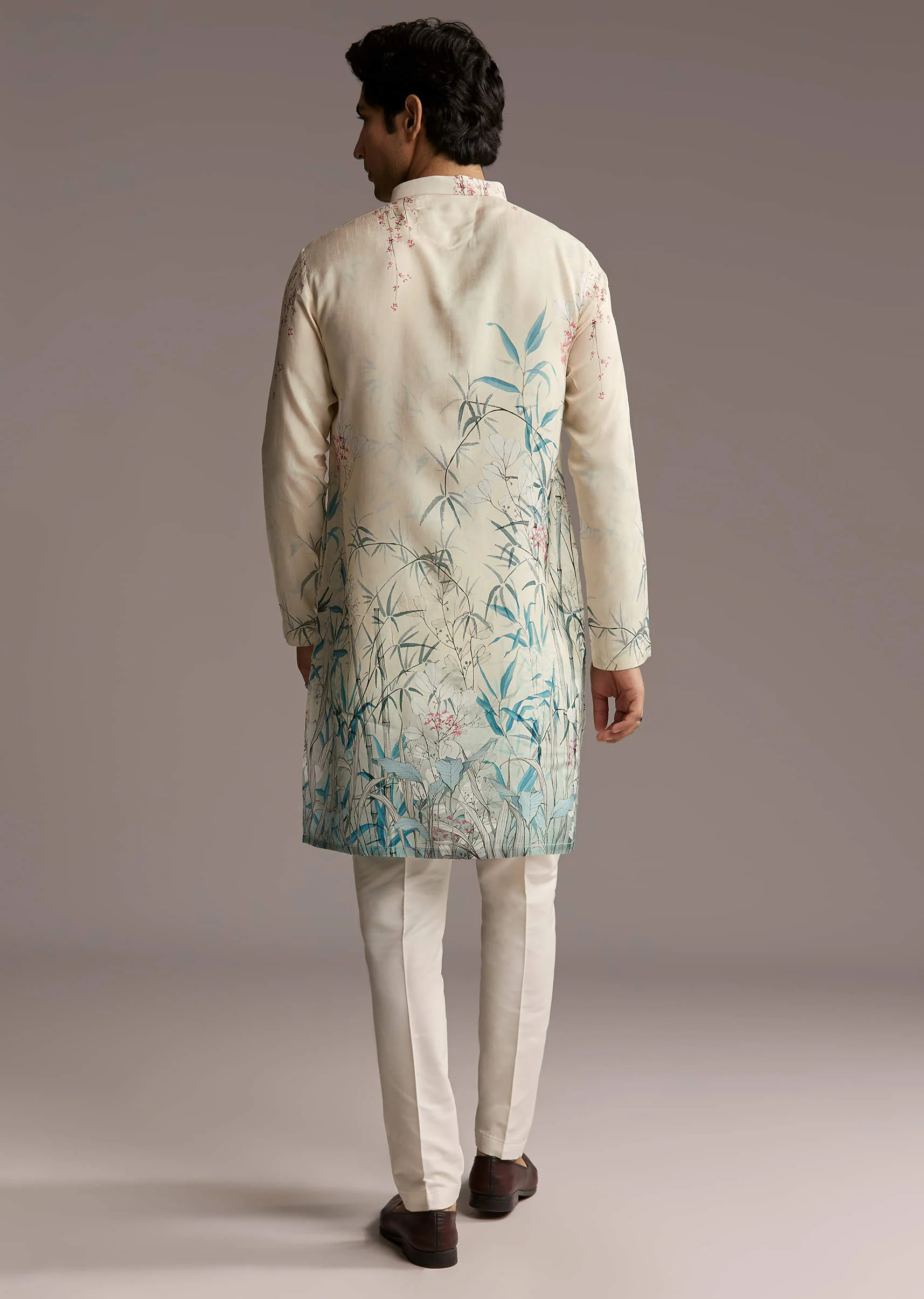 Off White Silk Kurta Set For Men With Botanical Garden Print - Image 5
