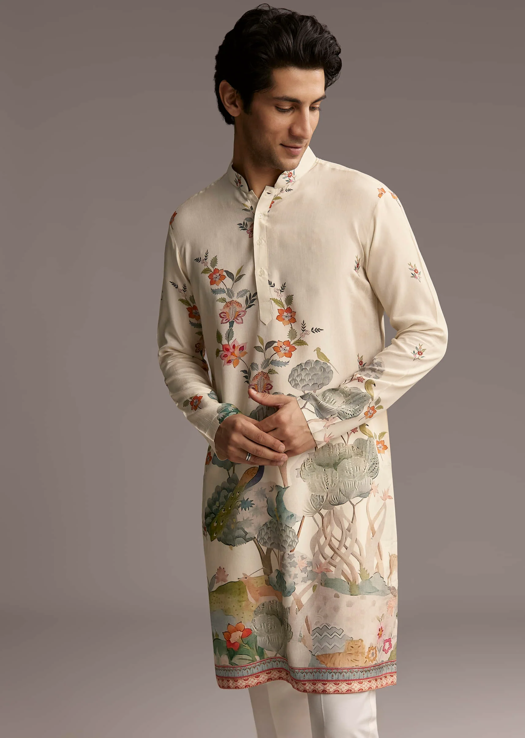 Off White Silk Kurta Set For Men With Scenic Nature Inspired Print - Image 4