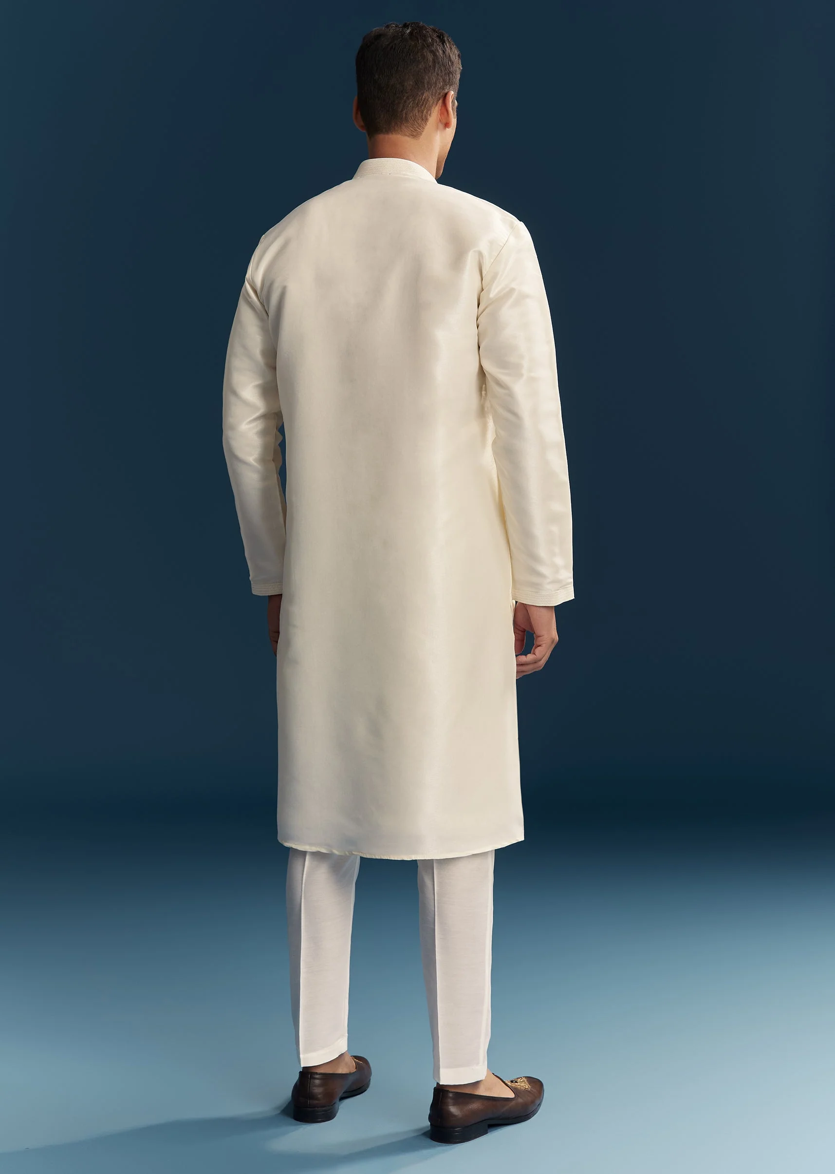 Off White Silk Kurta Set With Thread And Moti Detail Work - Image 5