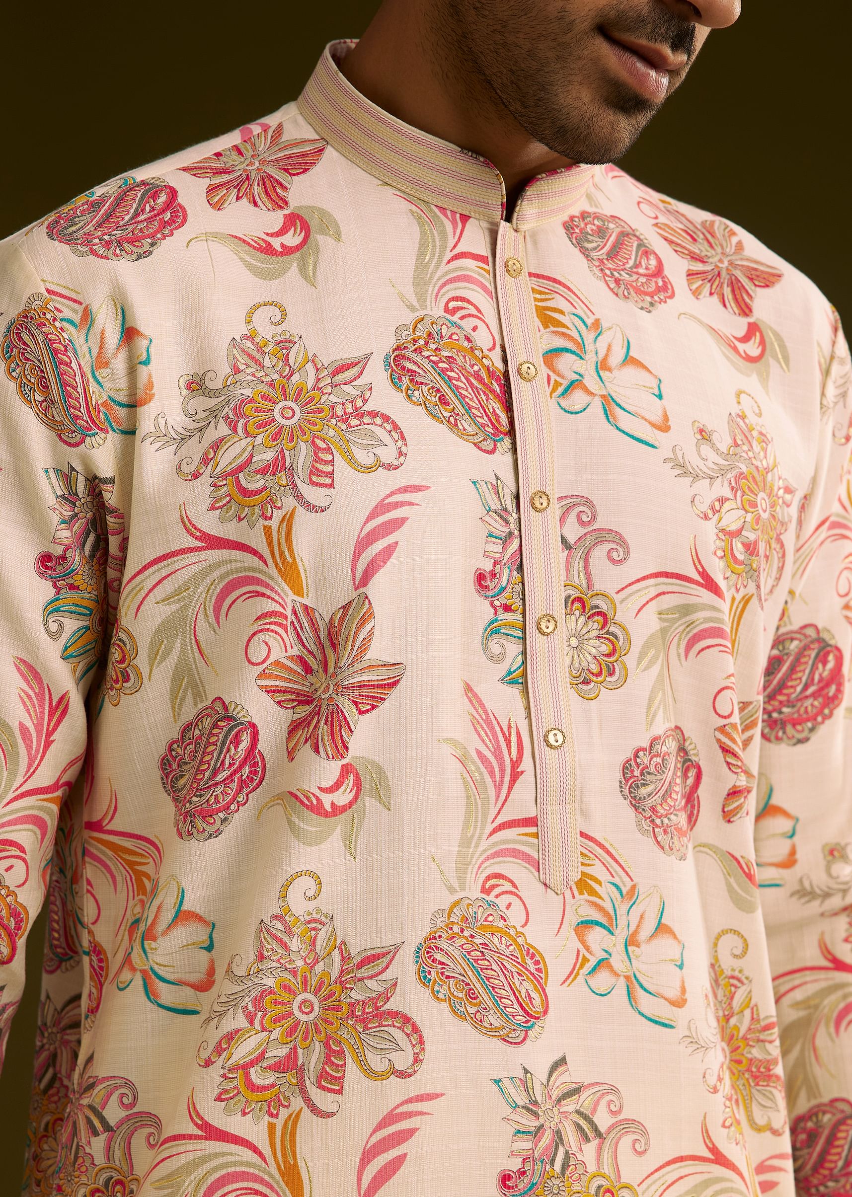 Off White Silk Kurta Set With Warm Coloured Nature Motifs - Image 2