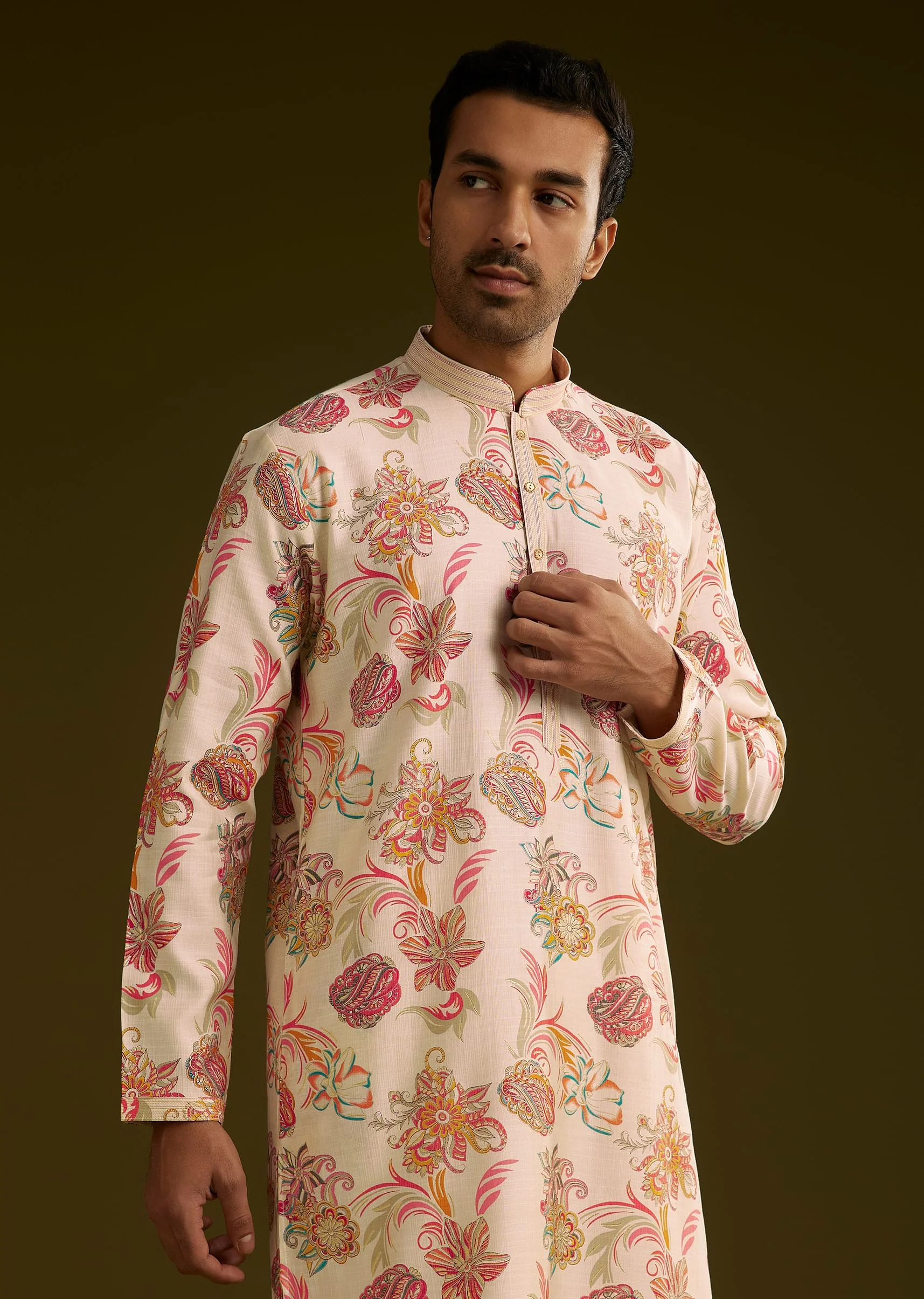 Off White Silk Kurta Set With Warm Coloured Nature Motifs - Image 4