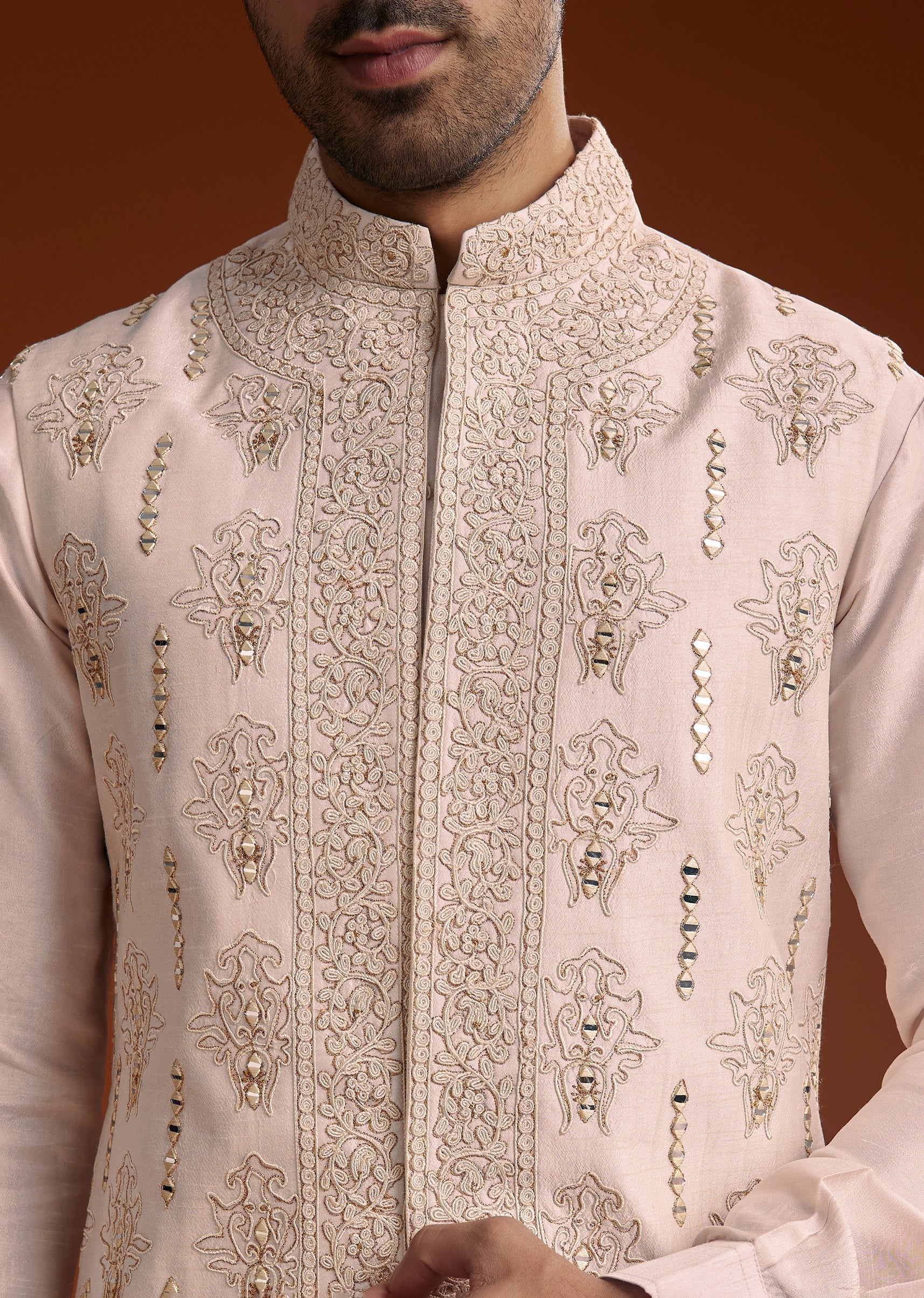 Off White Silk Kurta With Mirror And Thread Work Jacket - Image 2