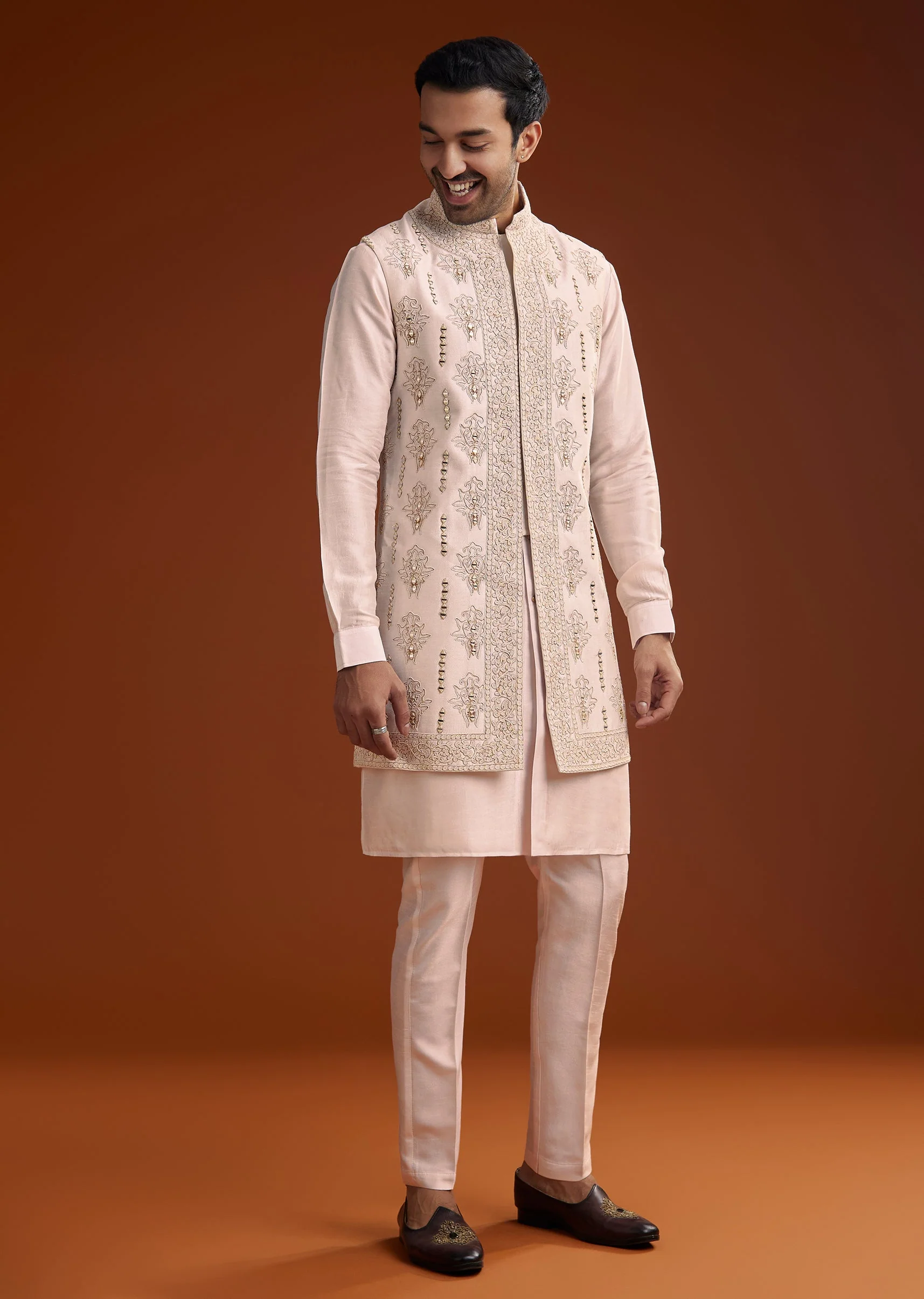 Off White Silk Kurta With Mirror And Thread Work Jacket - Image 3
