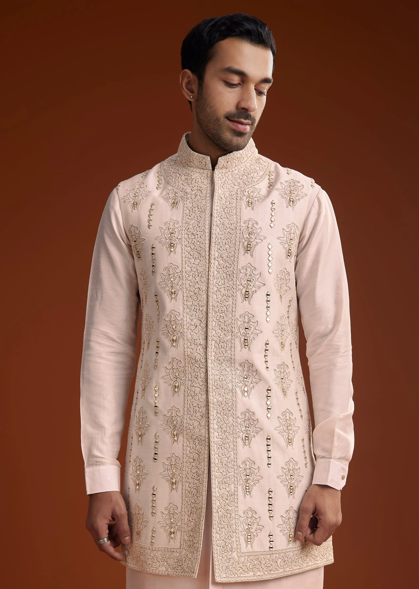 Off White Silk Kurta With Mirror And Thread Work Jacket - Image 4